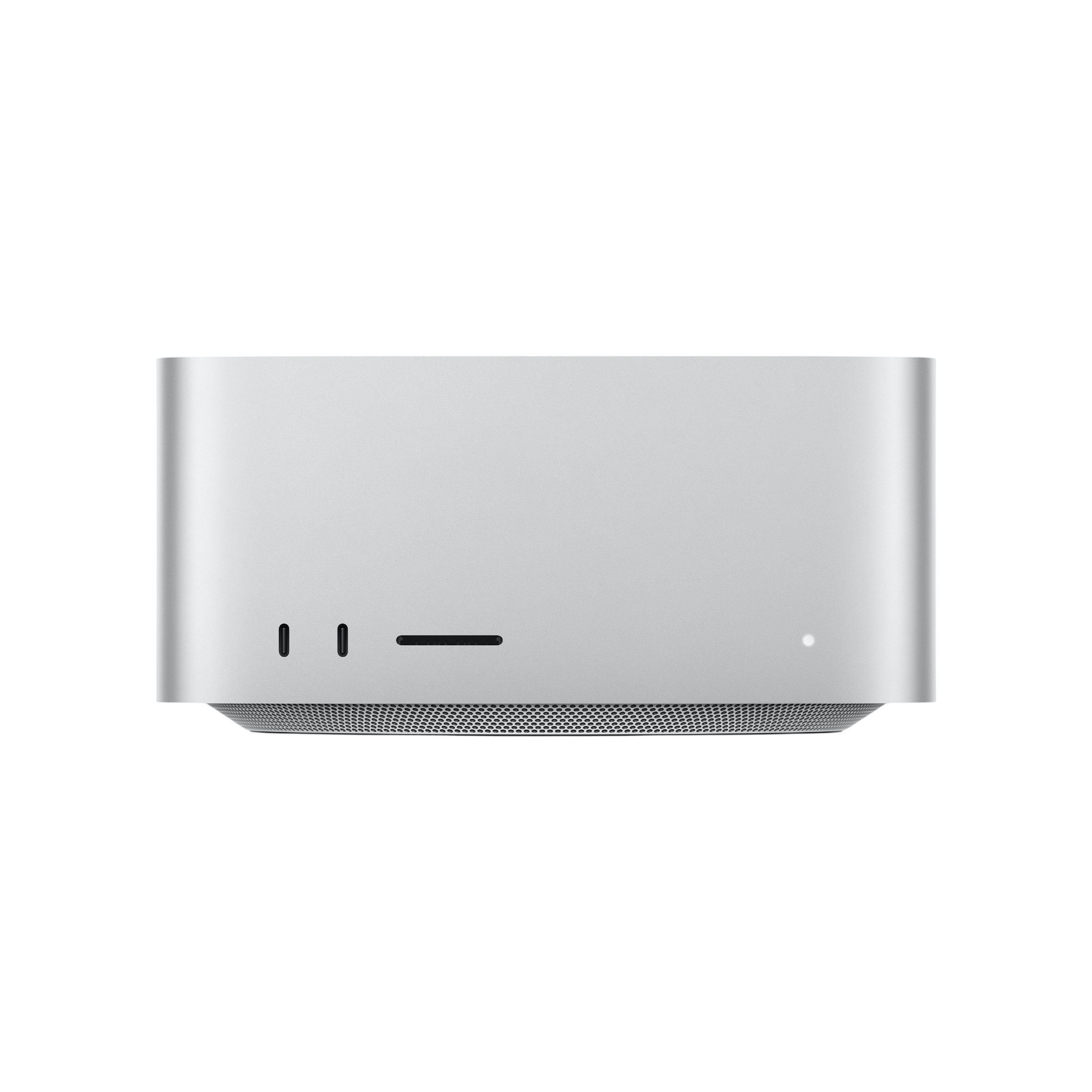Siyah arka plan üzerinde iki USB-C bağlantı noktası, bir yuva ve bir LED ışığı bulunan gümüş renkli bir Mac Studio bilgisayarın önden görünümü.