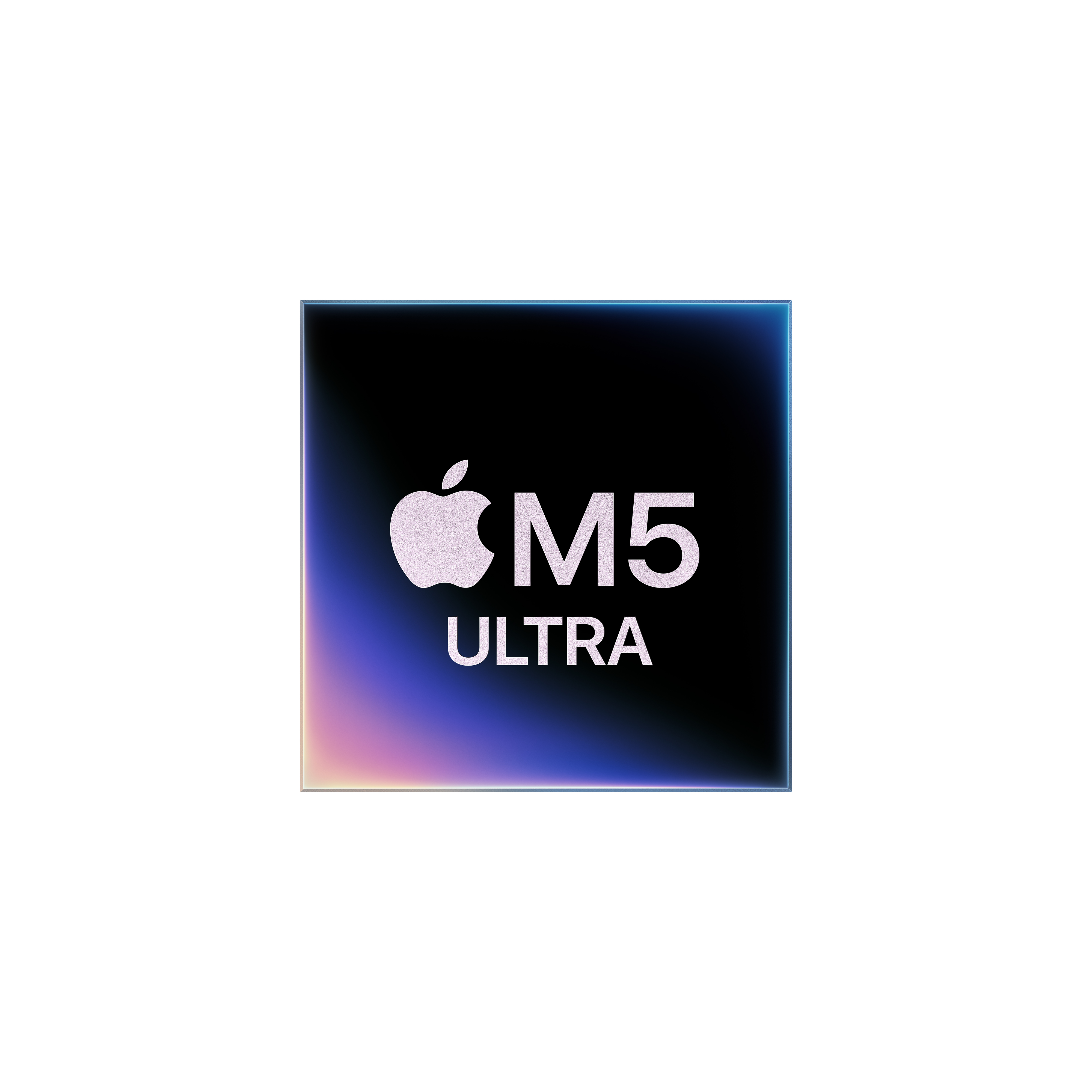 Mavi ve mor ışık yansımaları olan koyu arka plan üzerinde bir Apple M5 Ultra logosu.