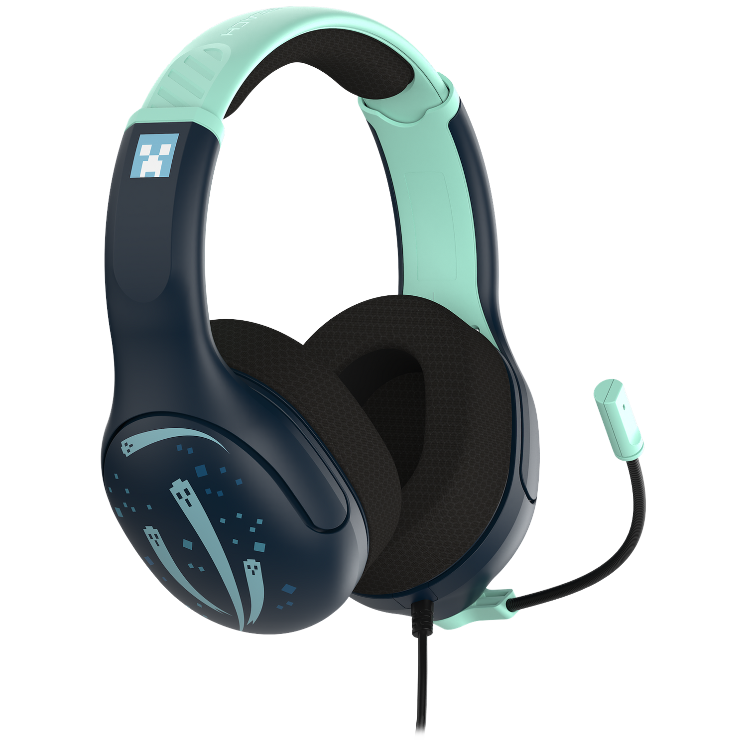 Casque de jeu bleu foncé et vert menthe avec coussinets noirs, microphone et motifs de fantômes pixelisés sur les oreillettes.