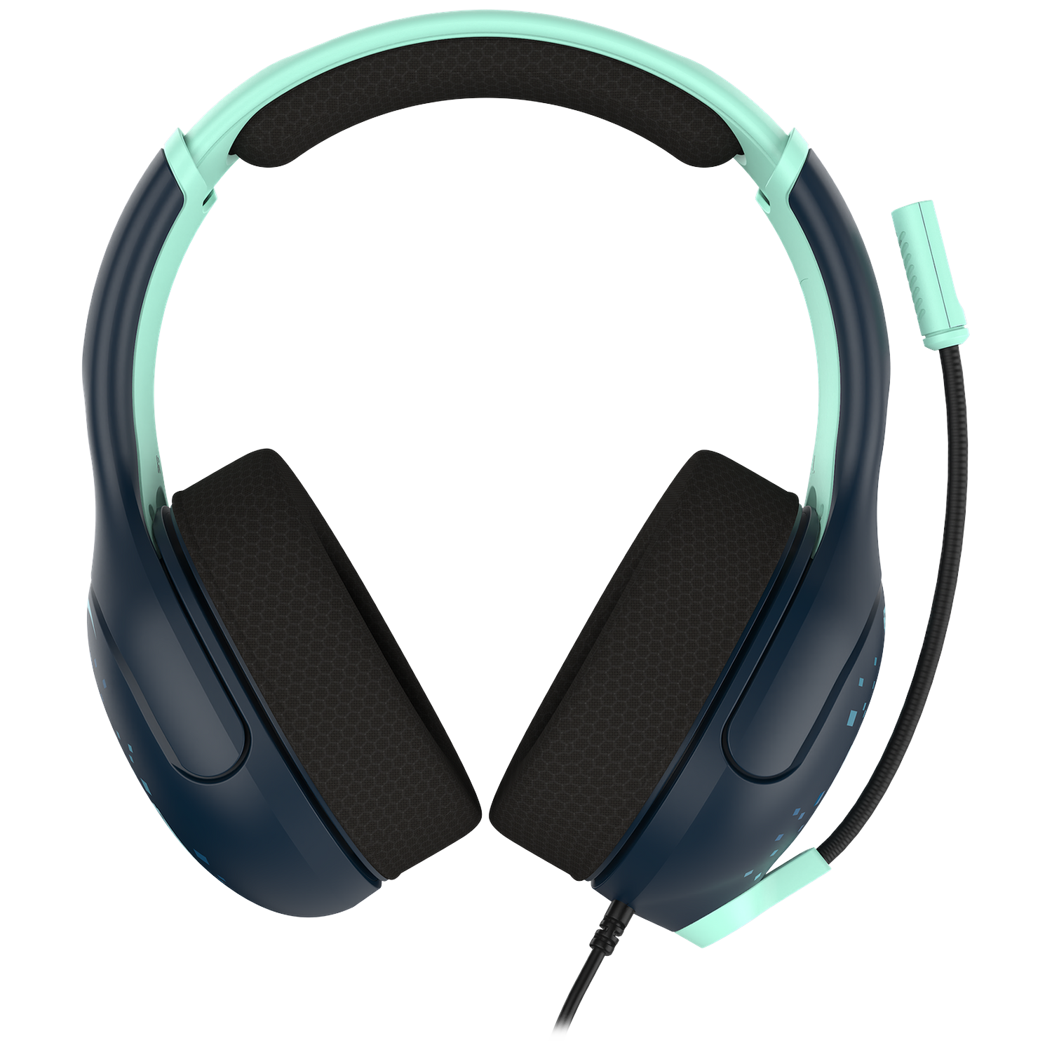 Casque de jeu bleu foncé et vert menthe avec un microphone sur fond noir.
