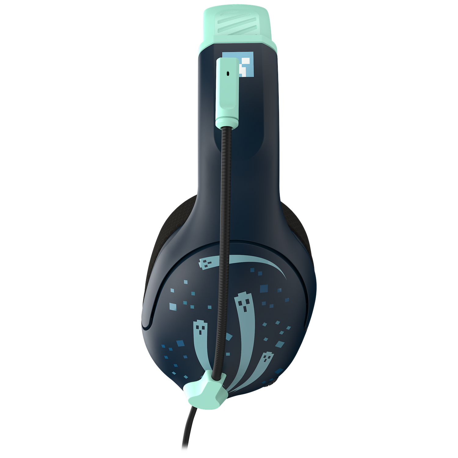 Casque de jeu bleu foncé avec des accents vert menthe et un microphone sur fond noir.
