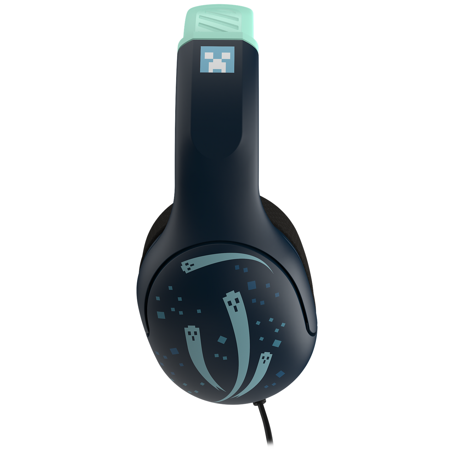 Casque de jeu bleu foncé avec des motifs ghast bleu clair et un logo creeper Minecraft sur fond noir.