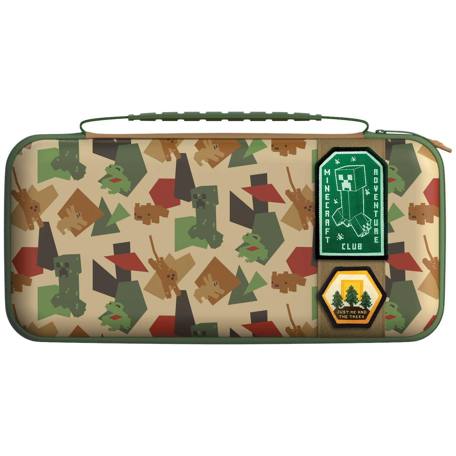 Trousse de voyage Minecraft avec motif camouflage beige, graphismes Creeper et écussons.