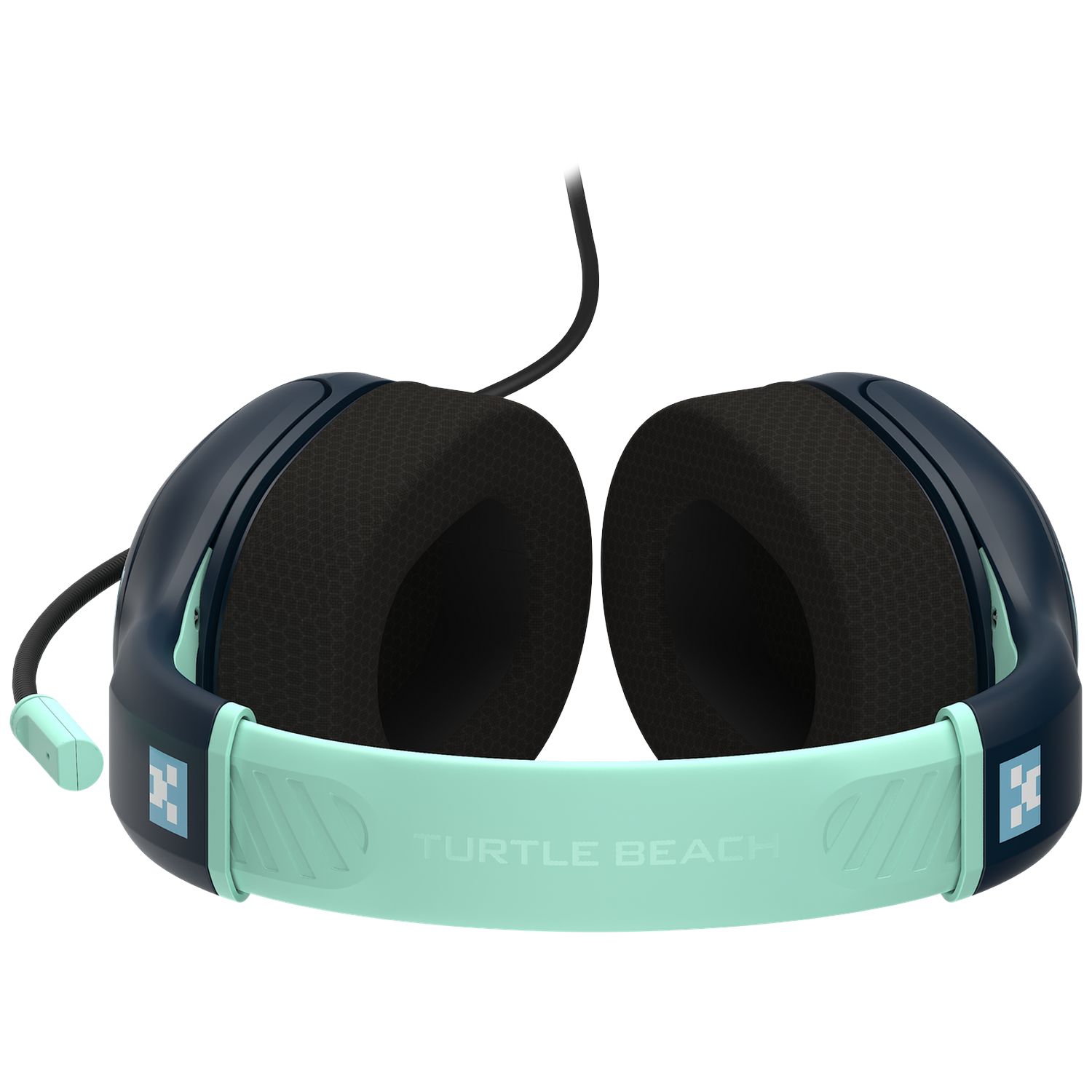 Casque de jeu Turtle Beach bleu foncé et vert menthe avec microphone sur fond noir.