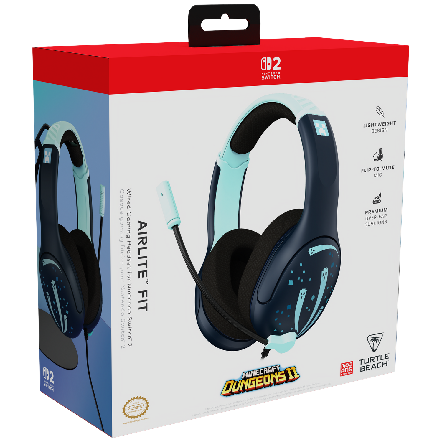 Boîte de produit d'un casque de jeu bleu Nintendo Switch Airtlite Fit avec un design Minecraft Dungeons II.