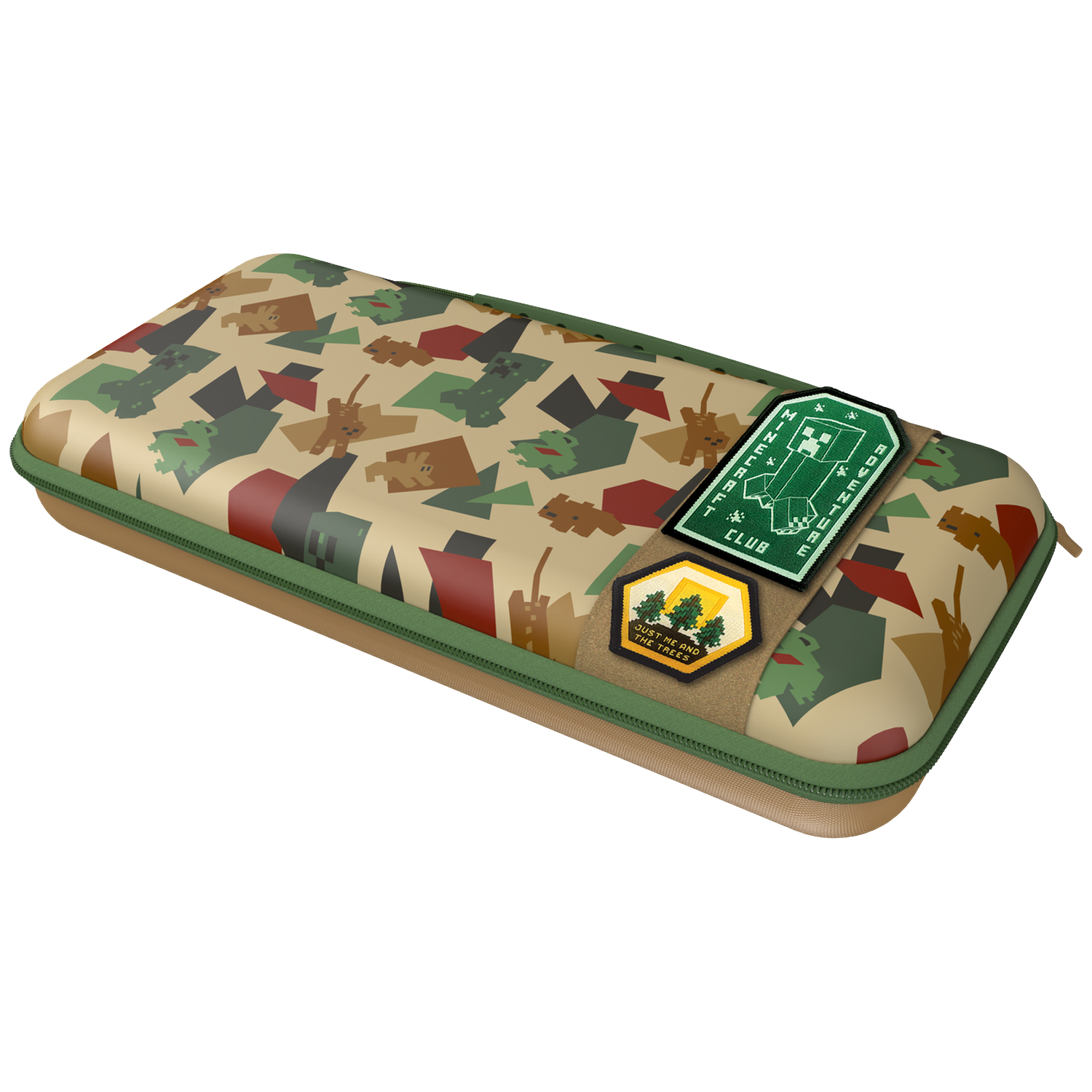 Étui de transport camouflage pixelisé beige et vert avec des écussons Minecraft sur fond noir.