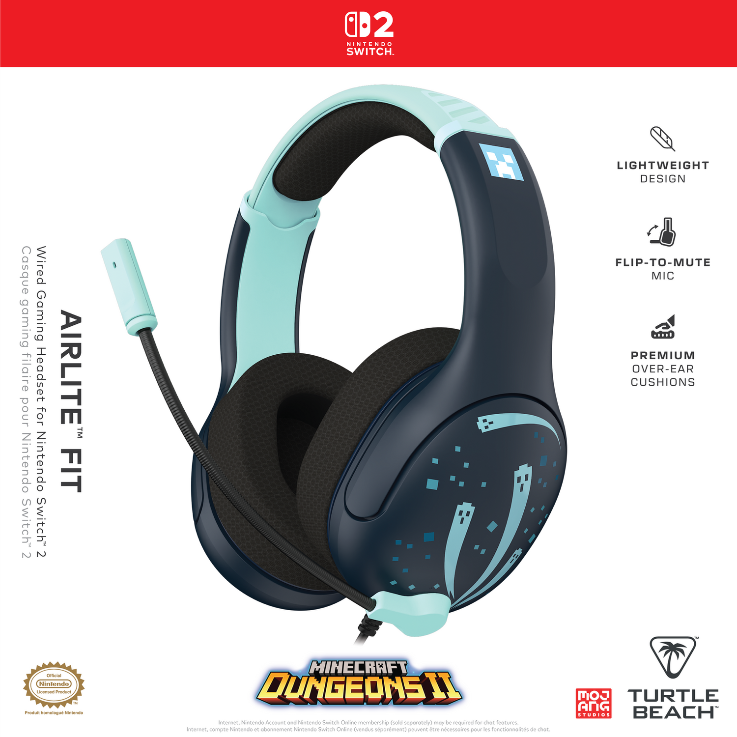 Casque de jeu Minecraft Dungeons II turquoise et noir avec microphone et logo Nintendo Switch 2.