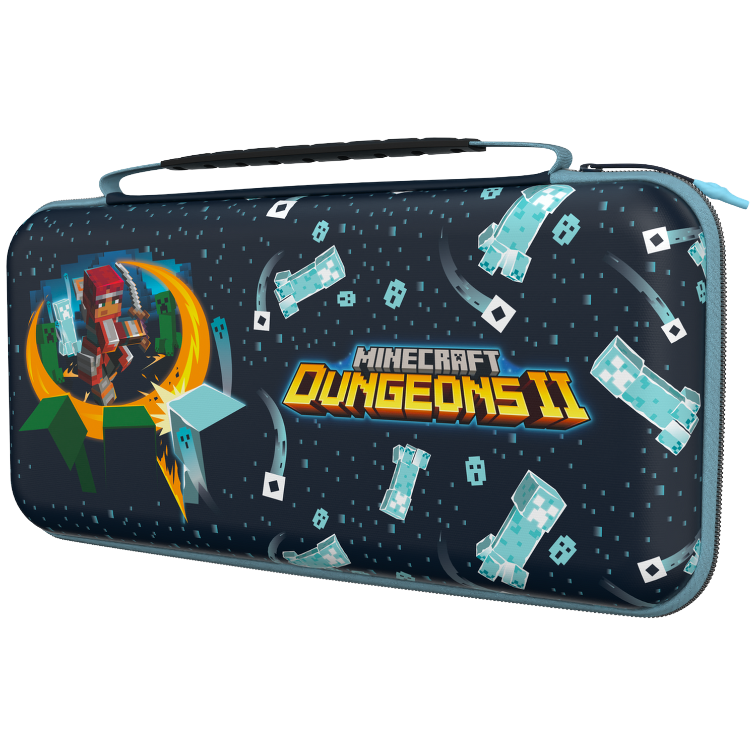 Étui de transport bleu foncé Minecraft Dungeons II avec fantômes bleus et personnage sur le devant.