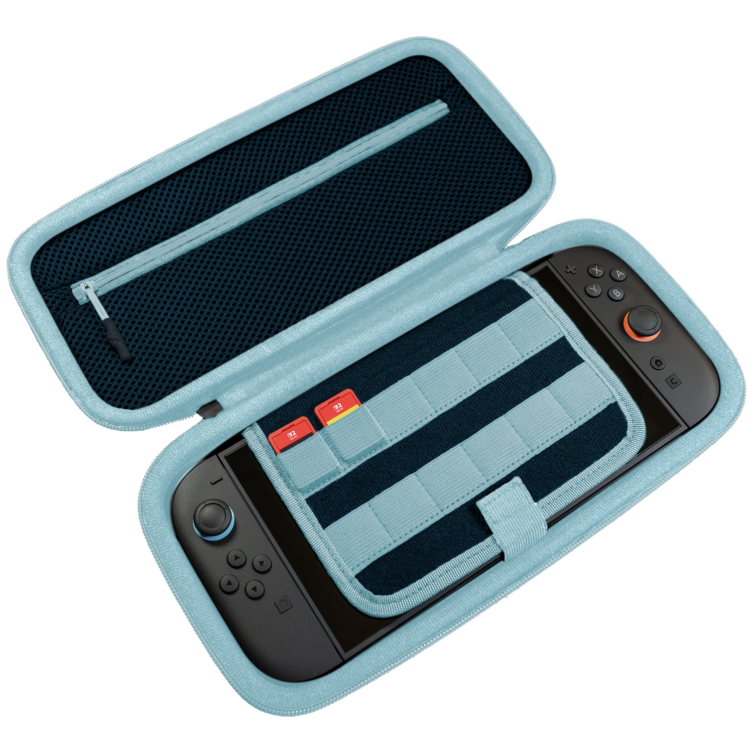Un étui Nintendo Switch bleu clair ouvert avec une console à l'intérieur et deux cartouches de jeu rouges.