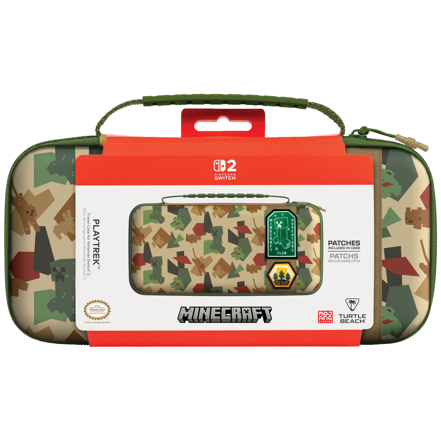 Étui de voyage Minecraft Nintendo Switch 2 camouflage vert, graphismes Creeper et écussons dans un emballage rouge.
