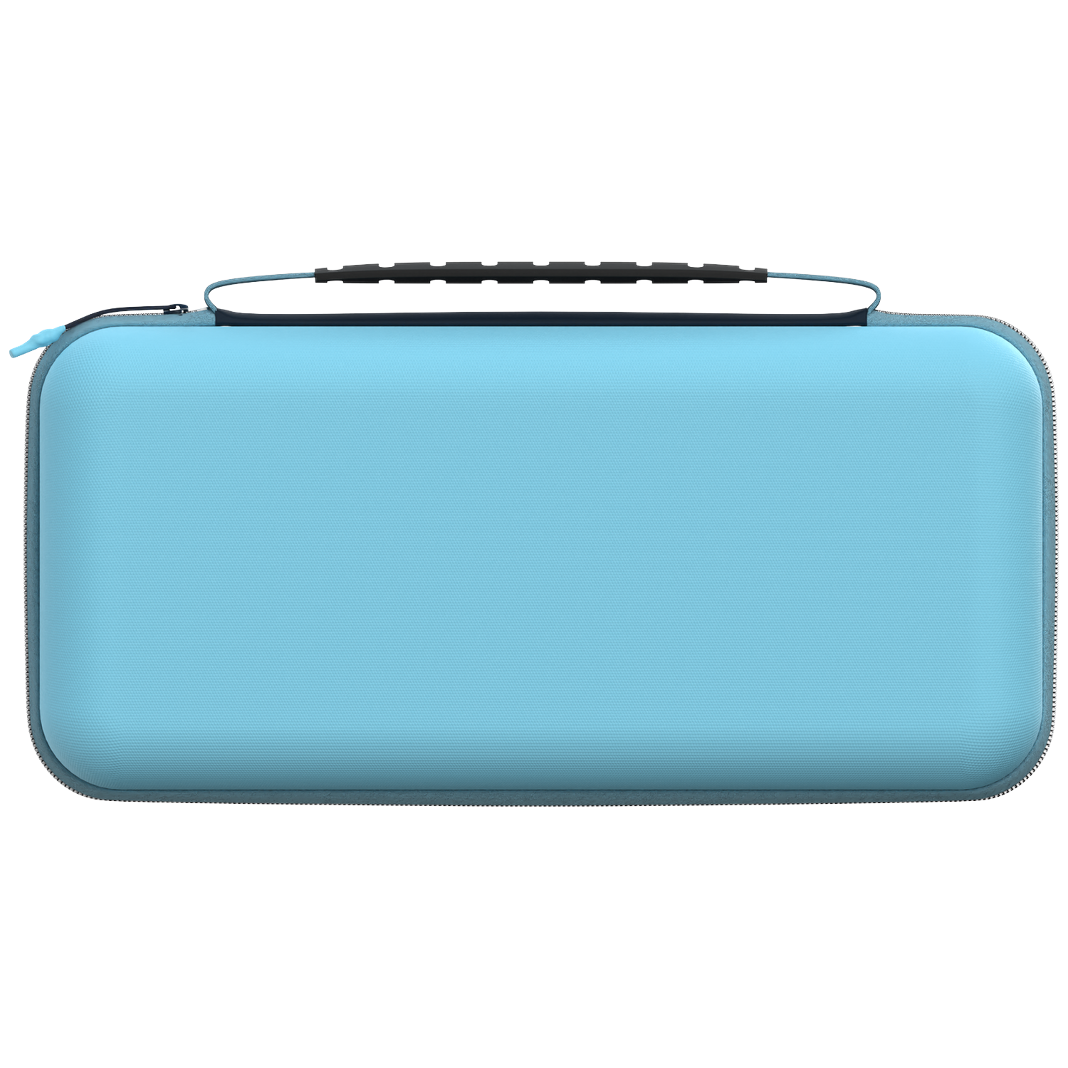 Une mallette rectangulaire bleu clair avec une poignée noire et une fermeture éclair sur fond noir.