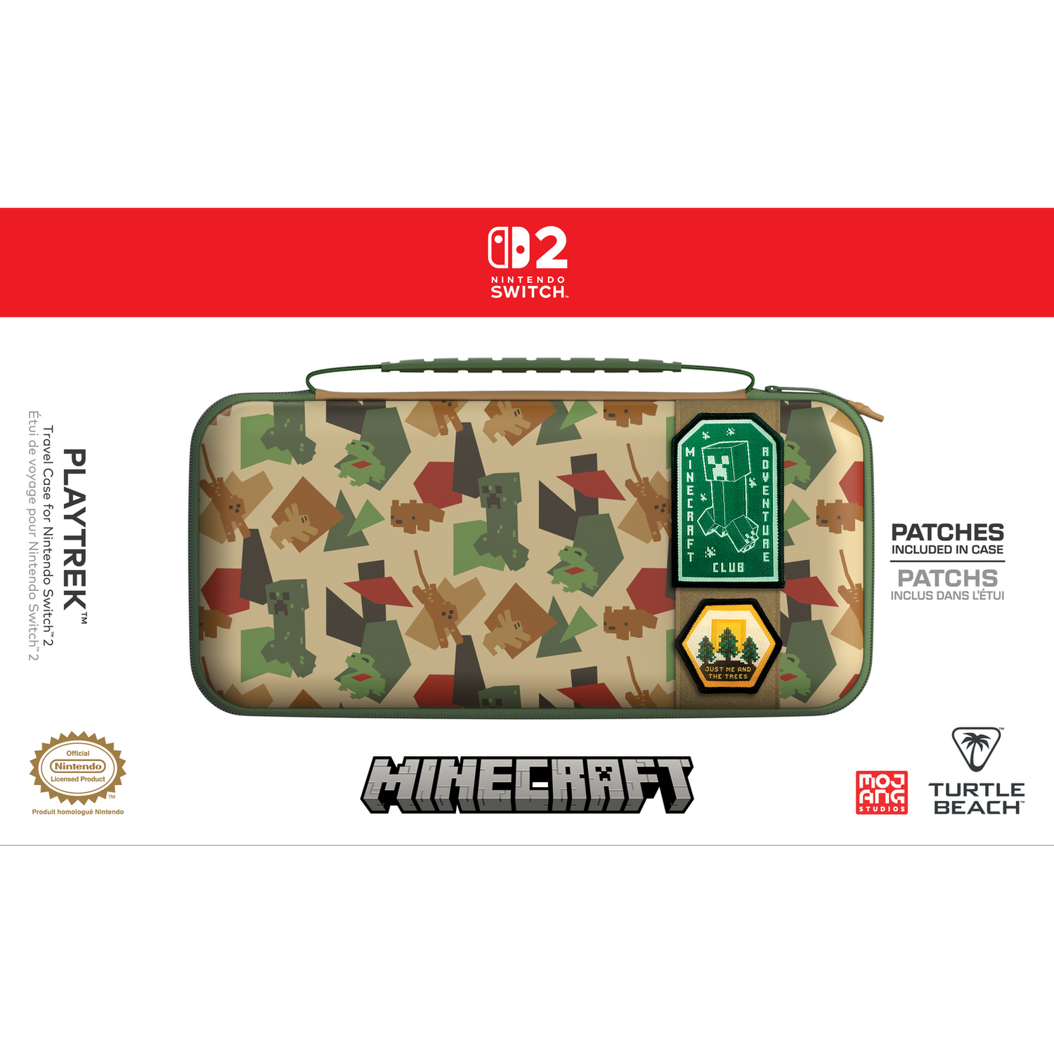 Étui de voyage Minecraft pour Nintendo Switch 2, motif camouflage avec deux écussons.