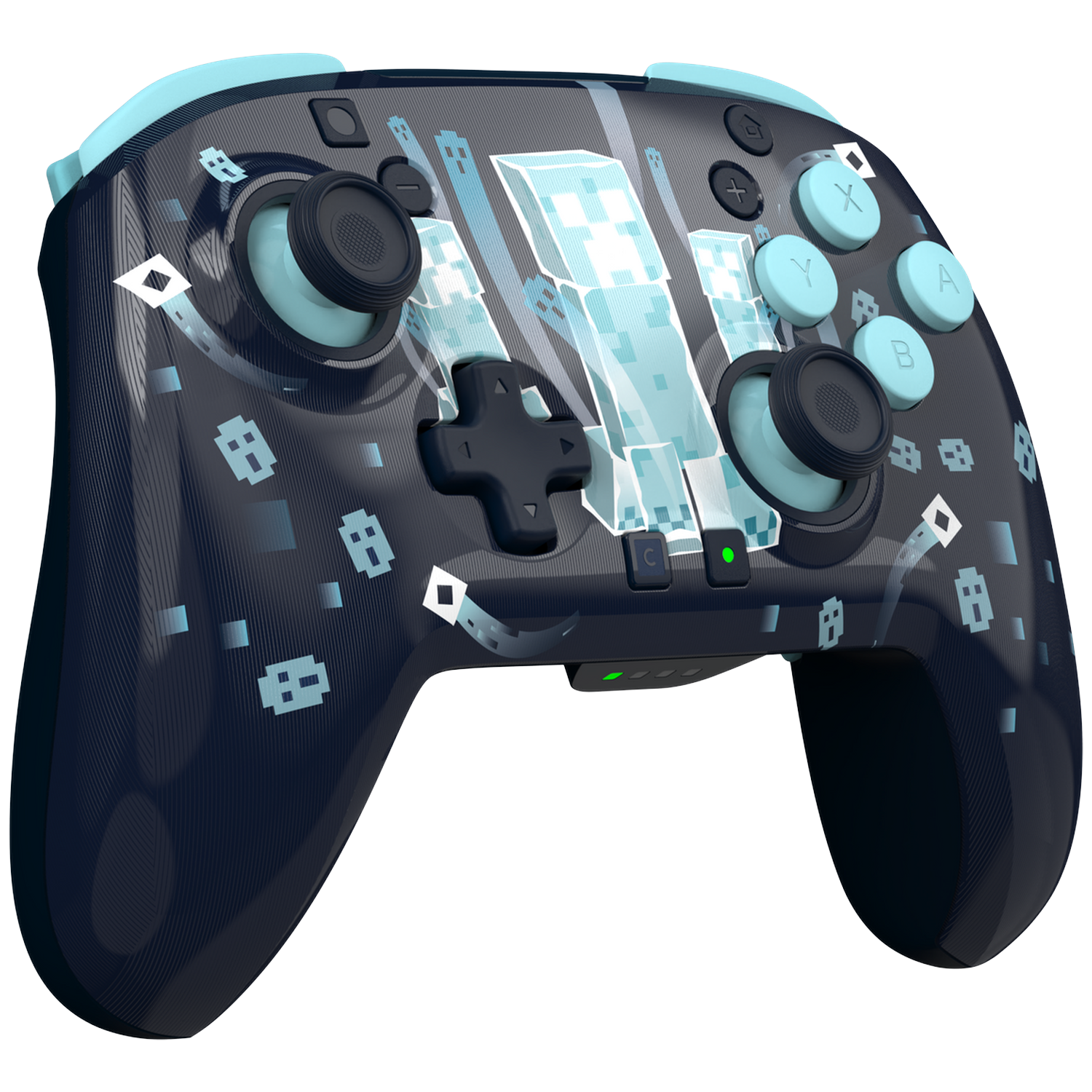 A black gaming controller featuring a blue Minecraft creeper design, dual joysticks, and ABXY buttons.