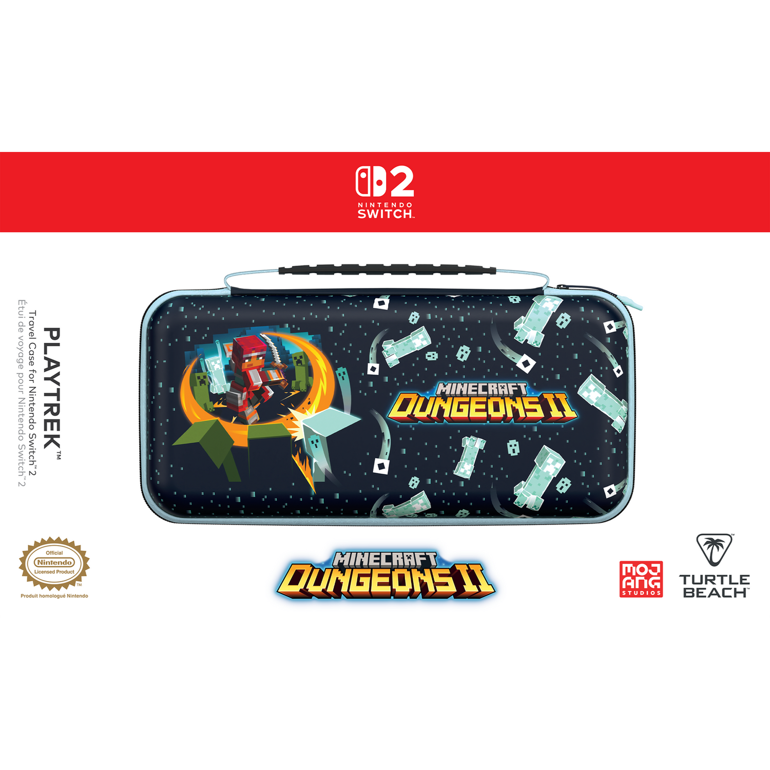 Étui Nintendo Switch 2 avec graphismes et logo de Minecraft Dungeons II.