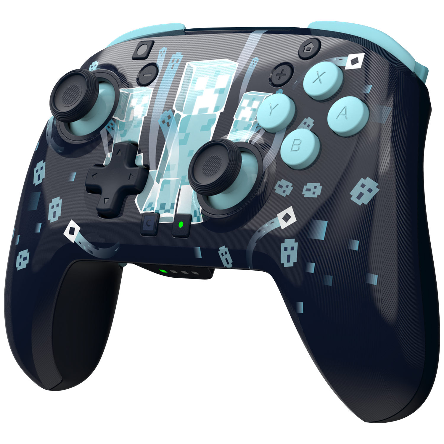 A black and blue game controller with light blue buttons and a Minecraft Creeper design.