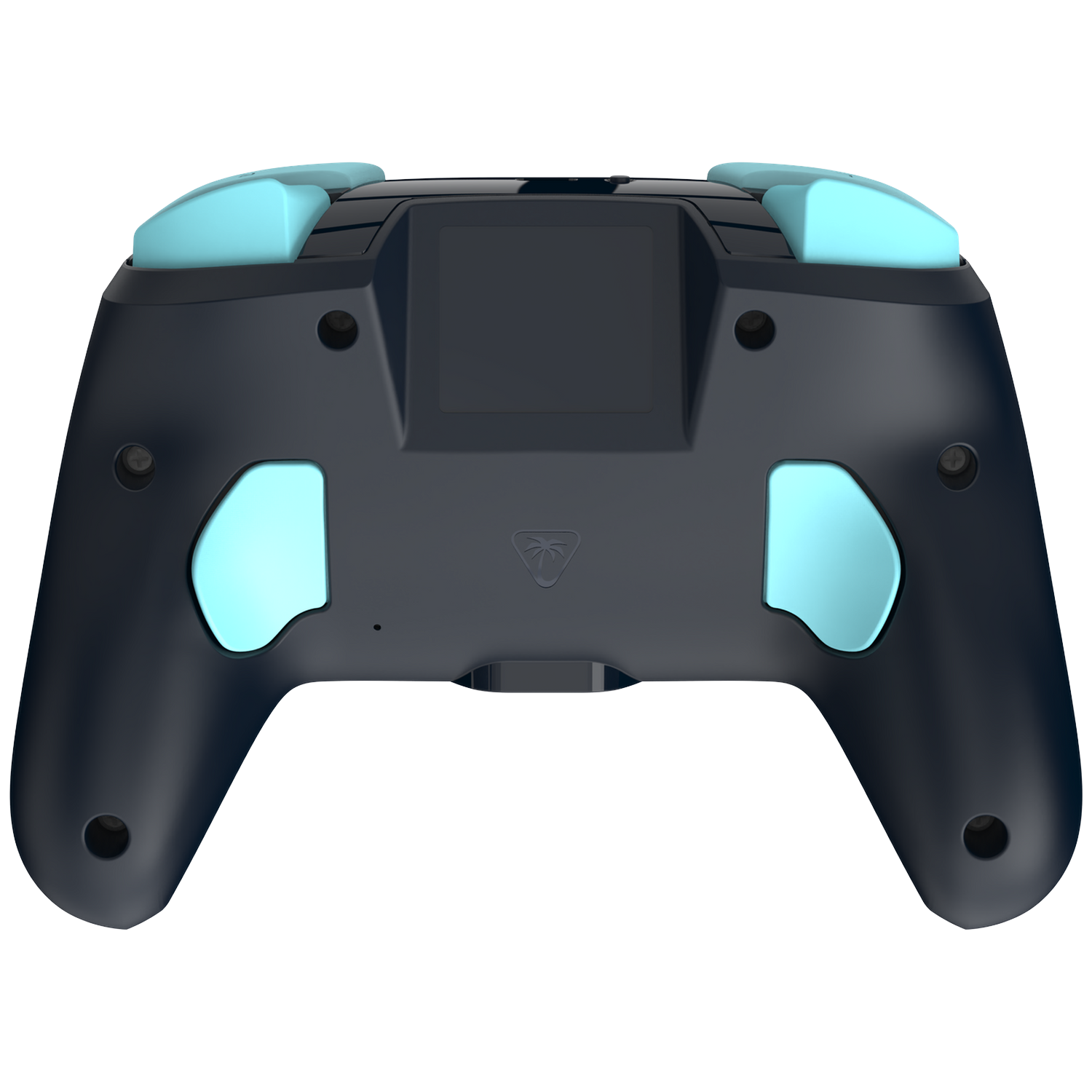 Back of a dark blue gaming controller with light blue shoulder buttons and paddle triggers on a black background.
