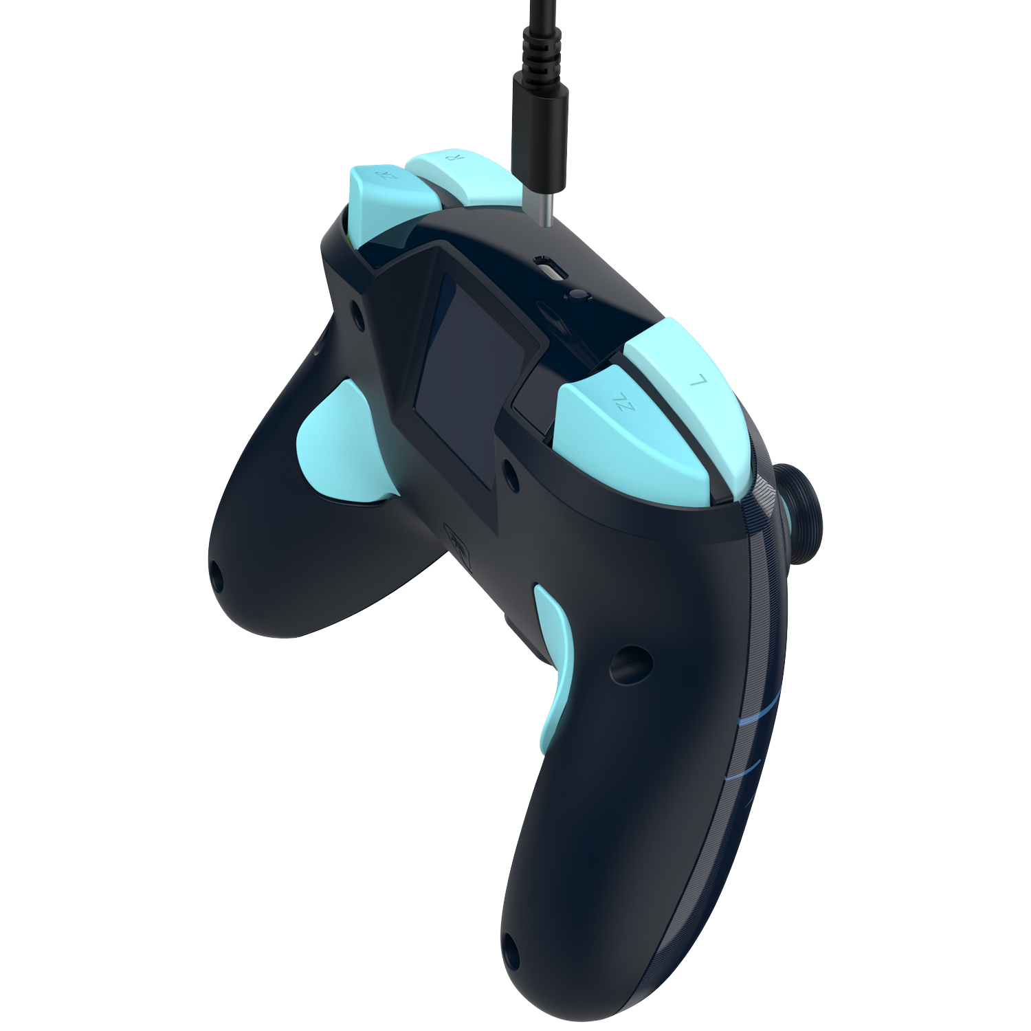 Black and light blue game controller with a charging cable plugged in, set against a dark background.