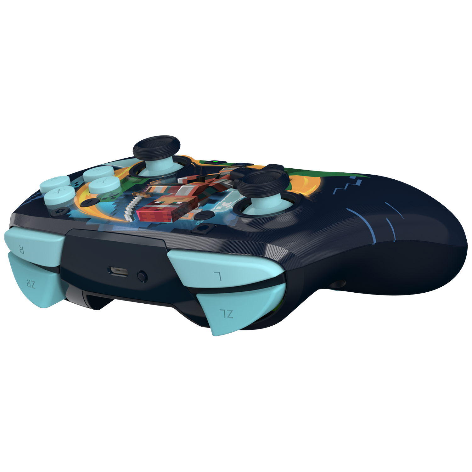 A video game controller featuring pixelated graphics, light blue buttons and thumbsticks against a black background.