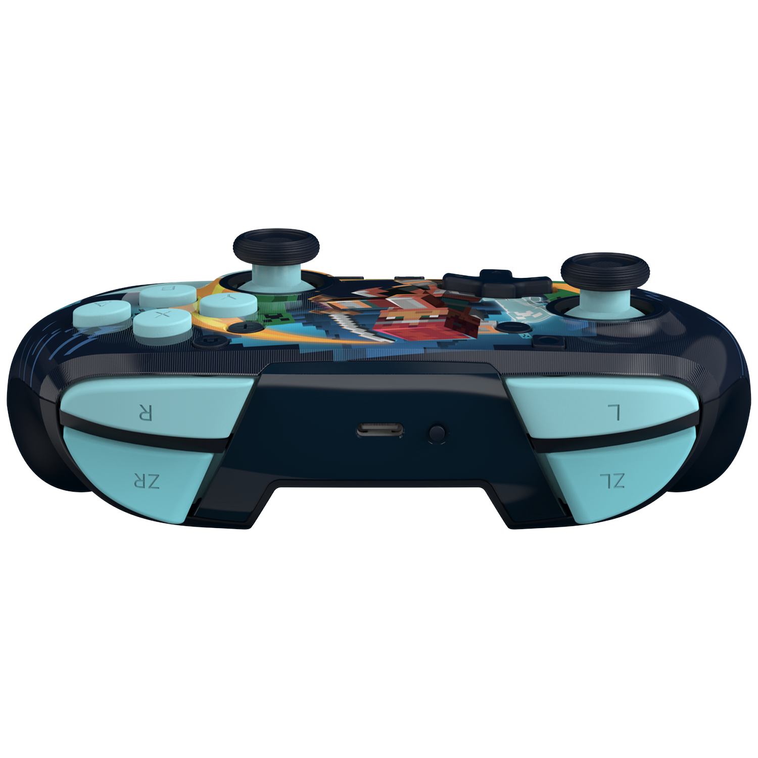 A colorful game controller with blue triggers and joysticks on a black background.