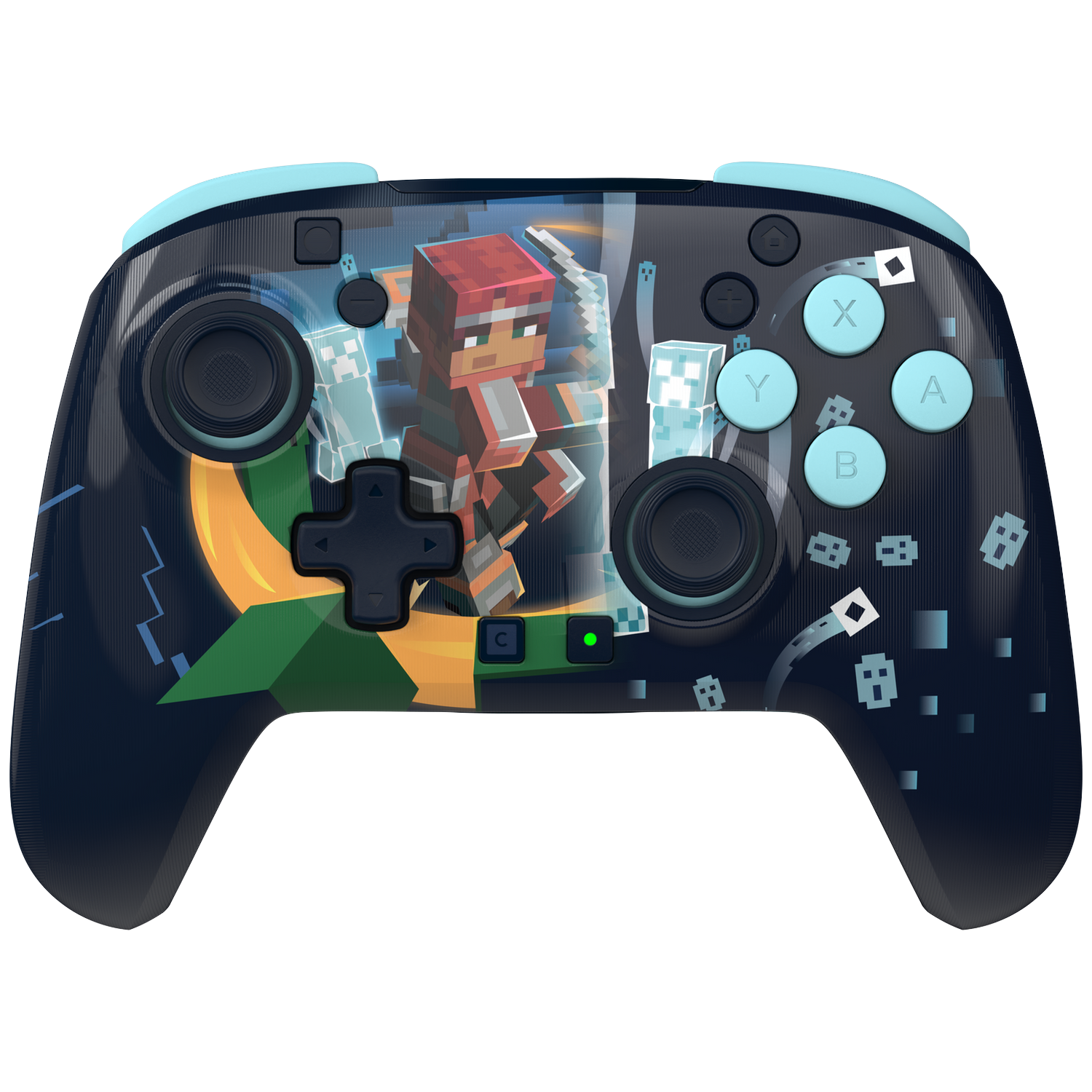 Minecraft-themed game controller with blue accents and character graphics.