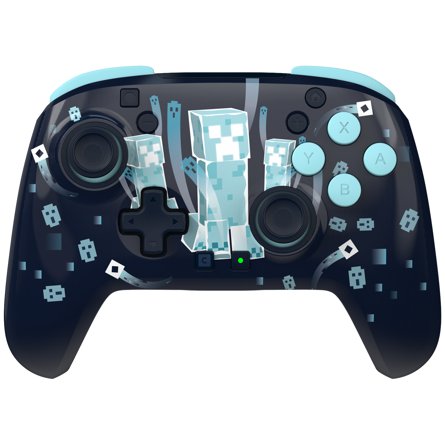 A black wireless game controller with light blue accents, featuring Minecraft Creeper graphics against a dark background.