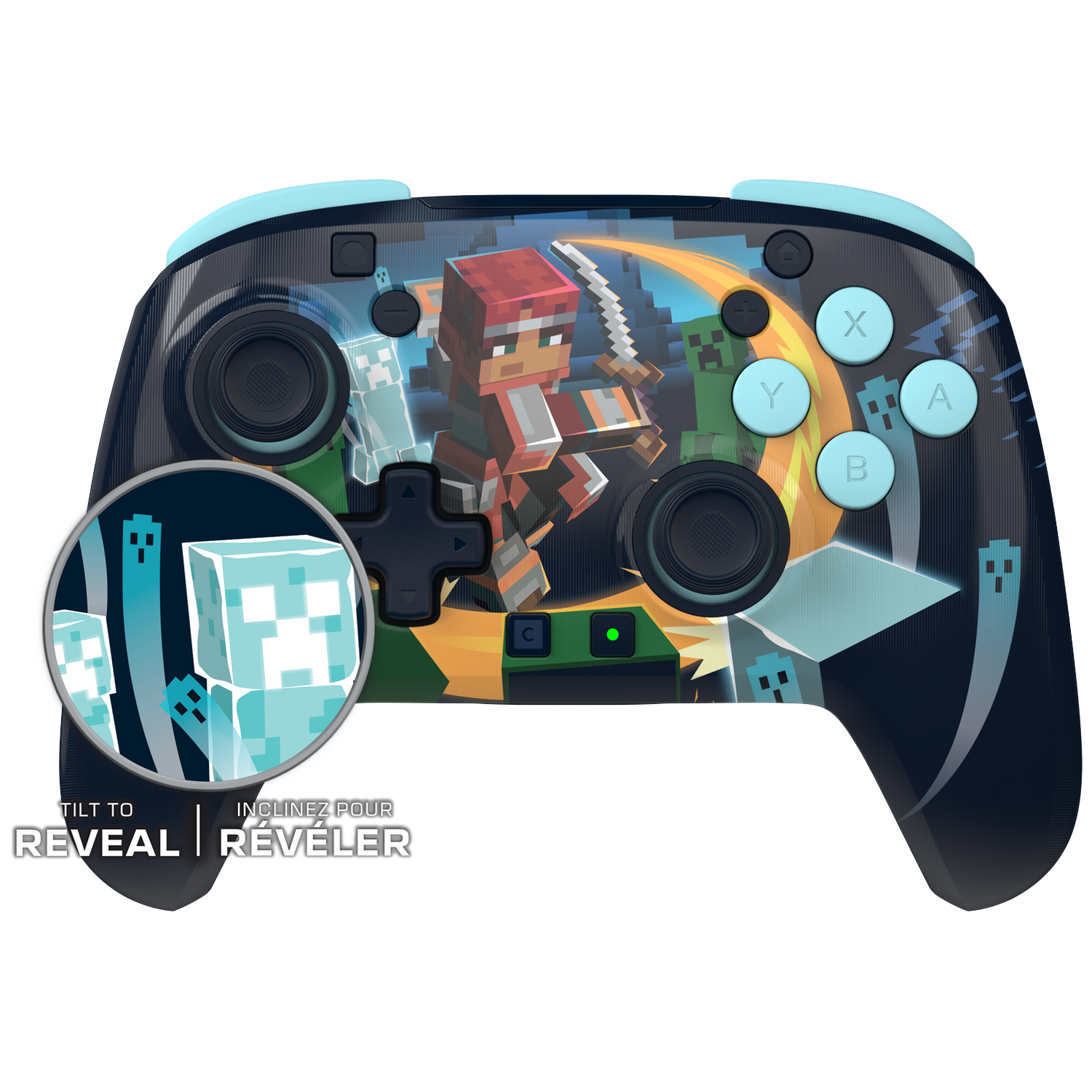 Minecraft controller with light blue buttons and a graphic of a character, a magnifying circle showing blue glowing figures.