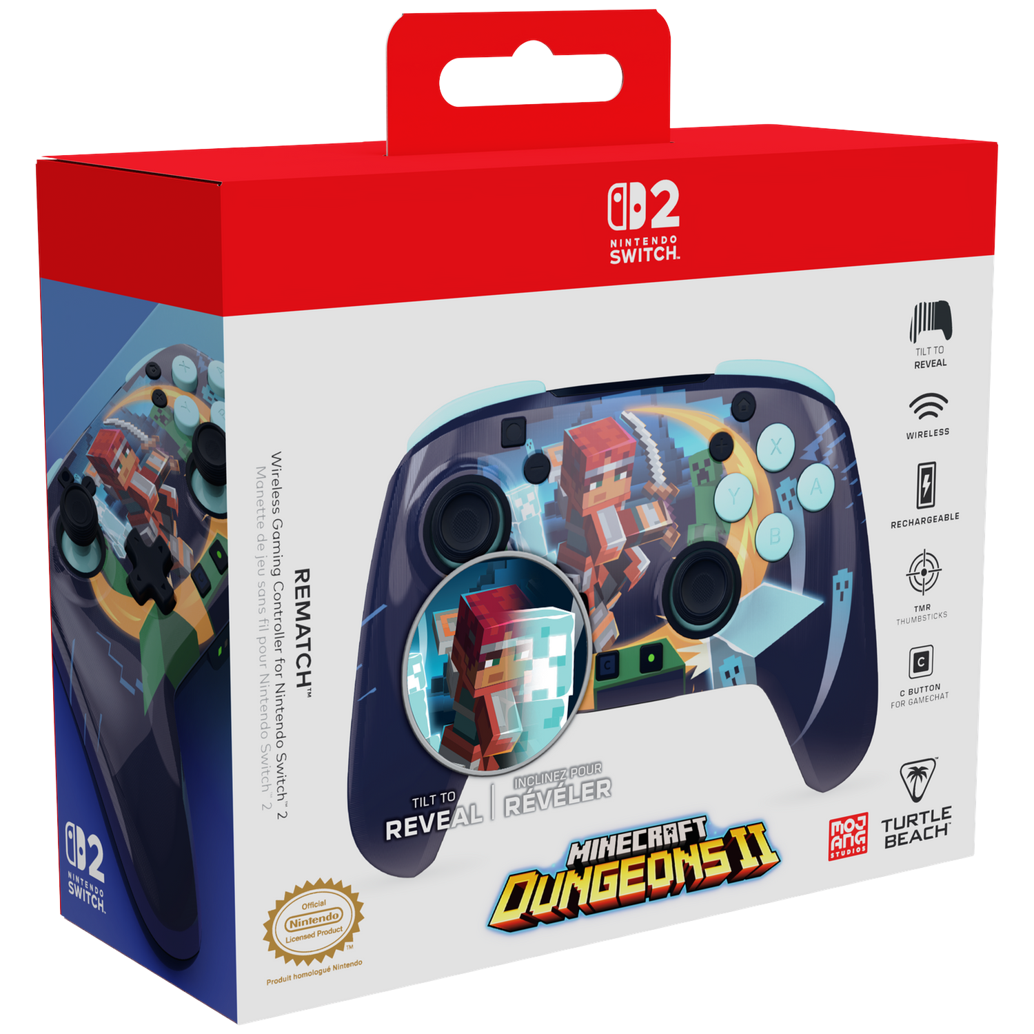 Minecraft Dungeons II wireless controller for Switch 2 in box, featuring blue graphics and character art.