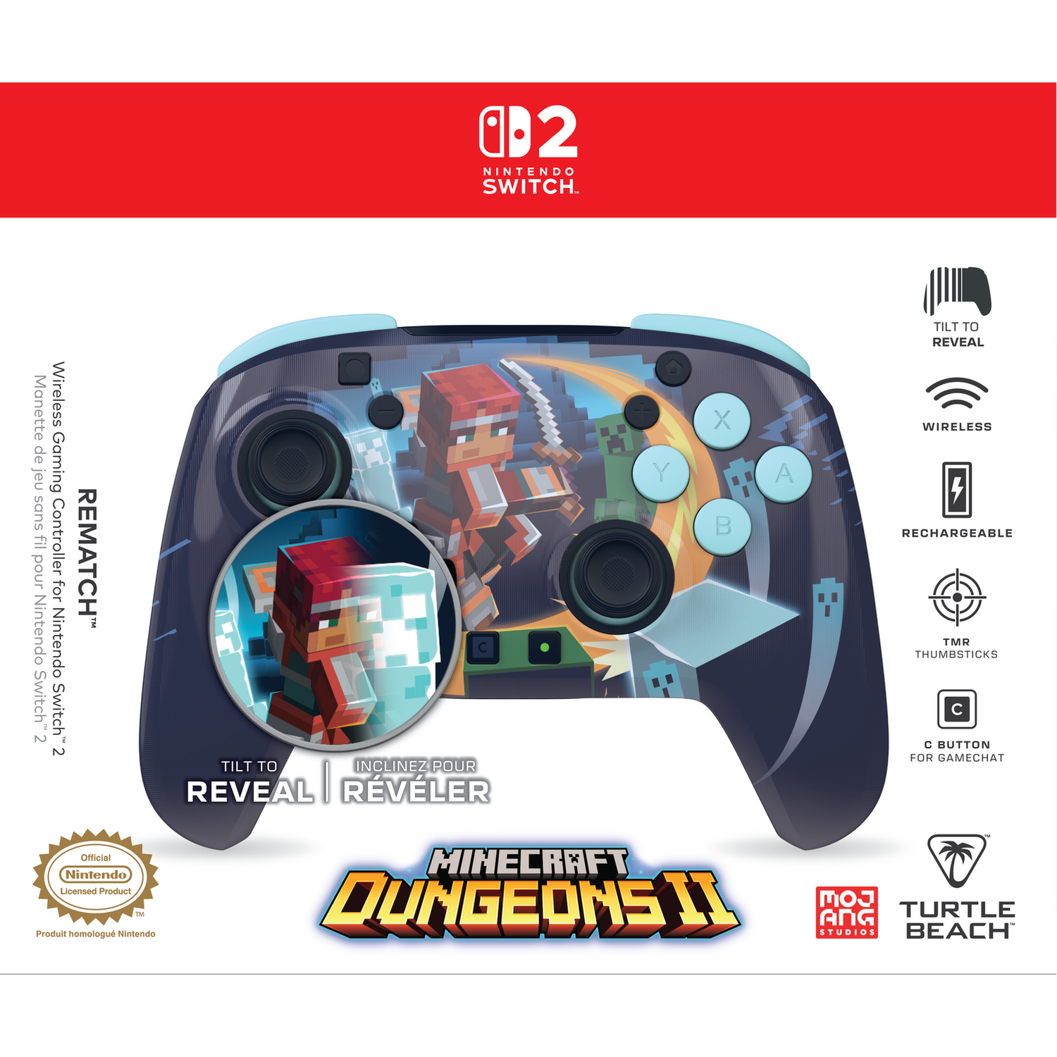 Minecraft Dungeons 2 wireless controller for Nintendo Switch 2 featuring character graphics and features.