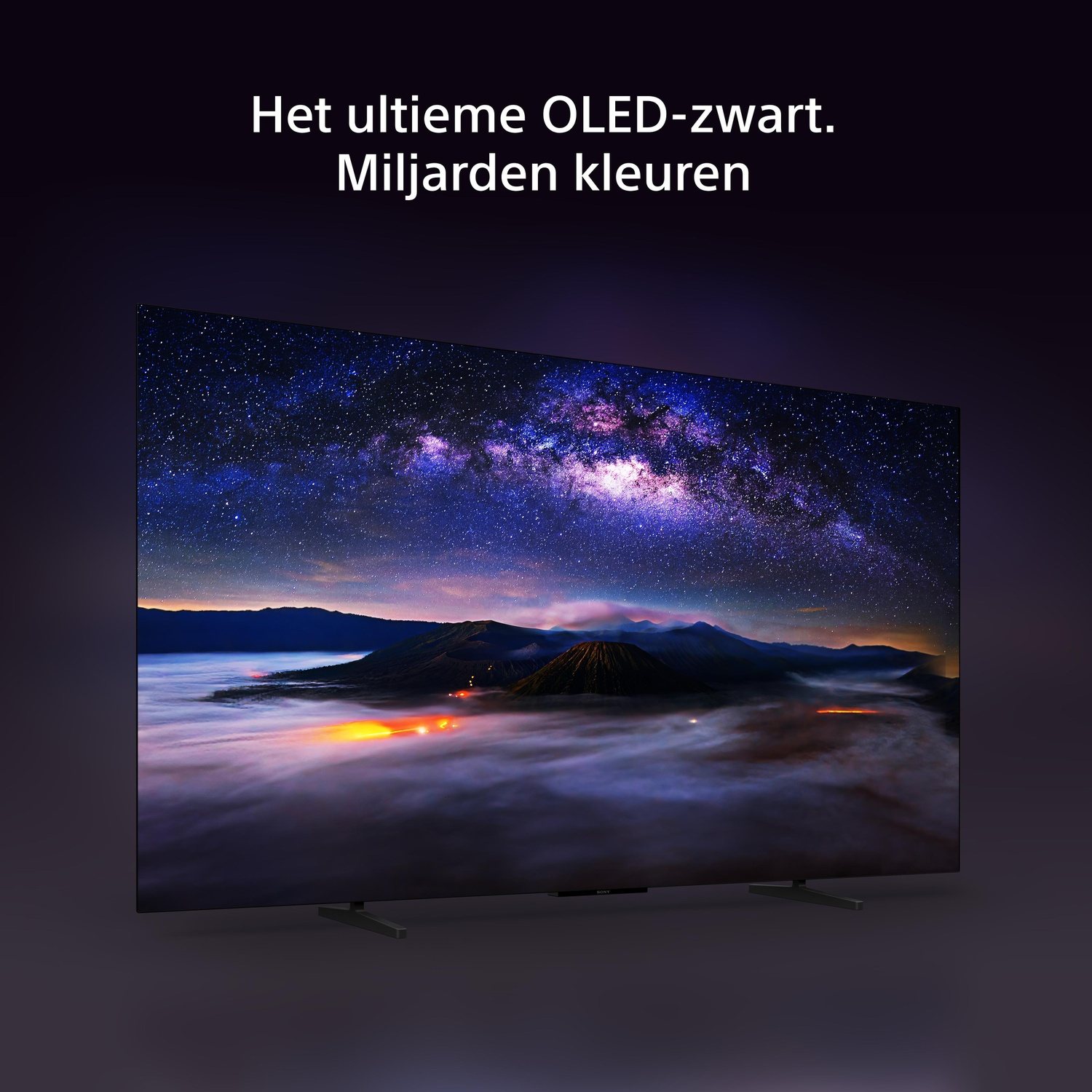 Un téléviseur OLED affiche une nuit étoilée et un paysage de montagne dans le brouillard, avec du texte en néerlandais.