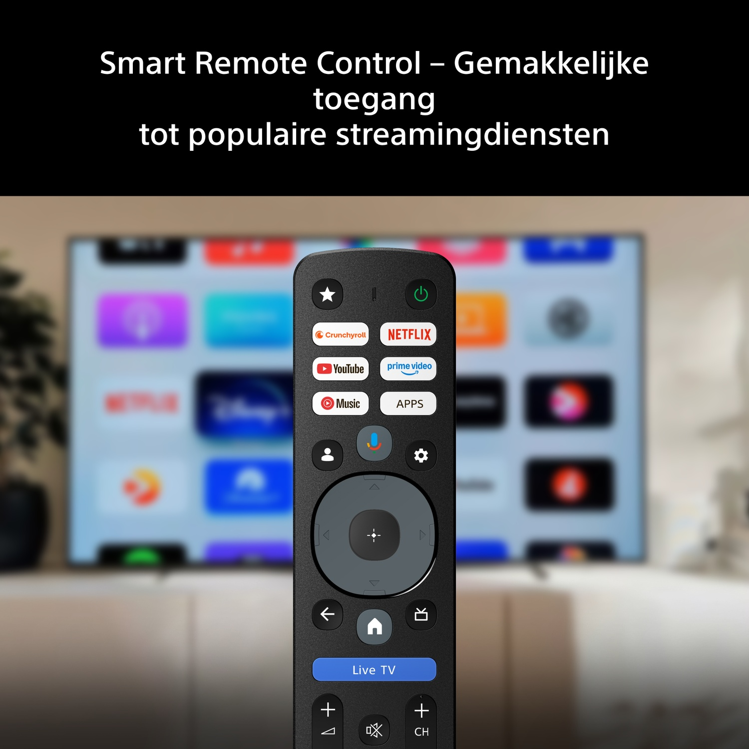Télécommande intelligente avec boutons de raccourci streaming devant une télévision.