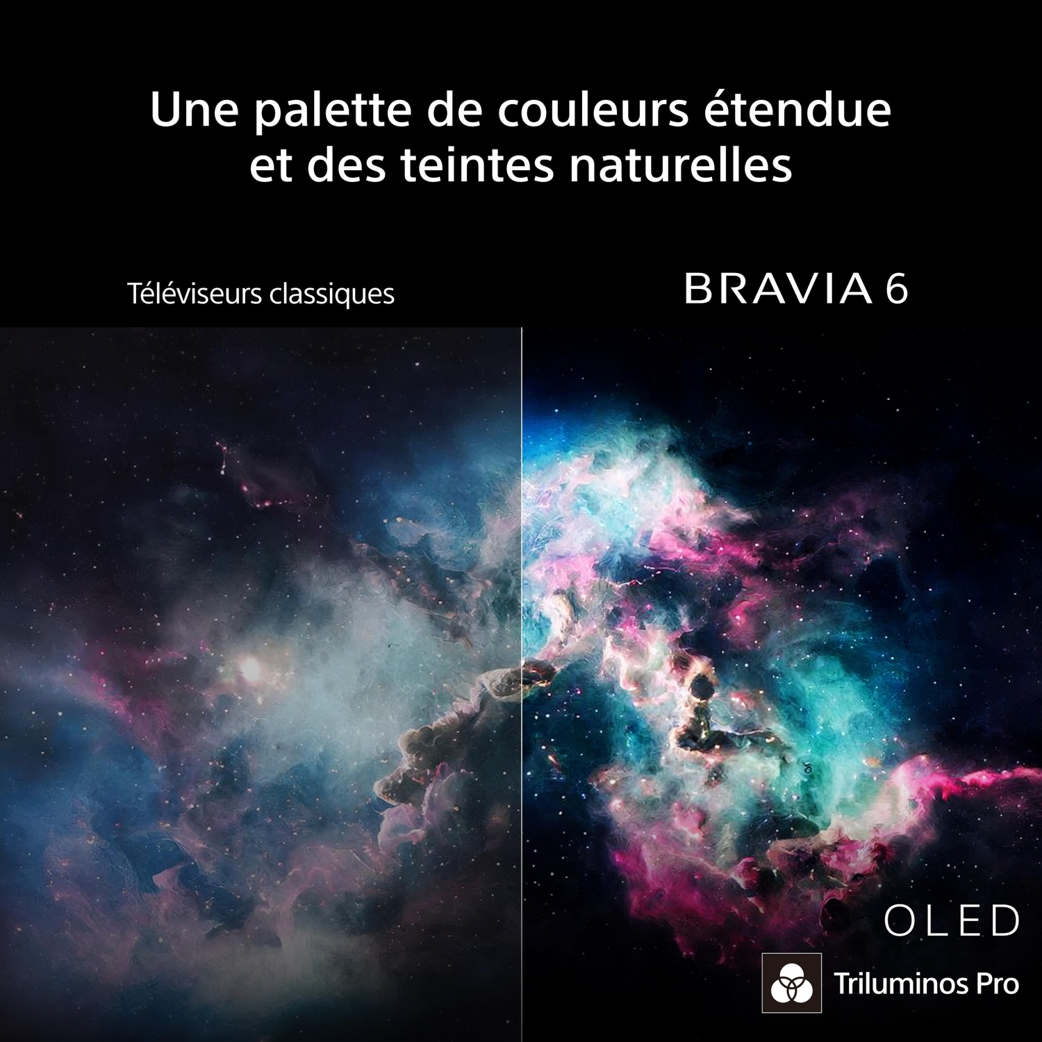 Comparaison montrant une image spatiale terne sur un téléviseur standard par rapport à une nébuleuse éclatante sur un téléviseur OLED Bravia 6.