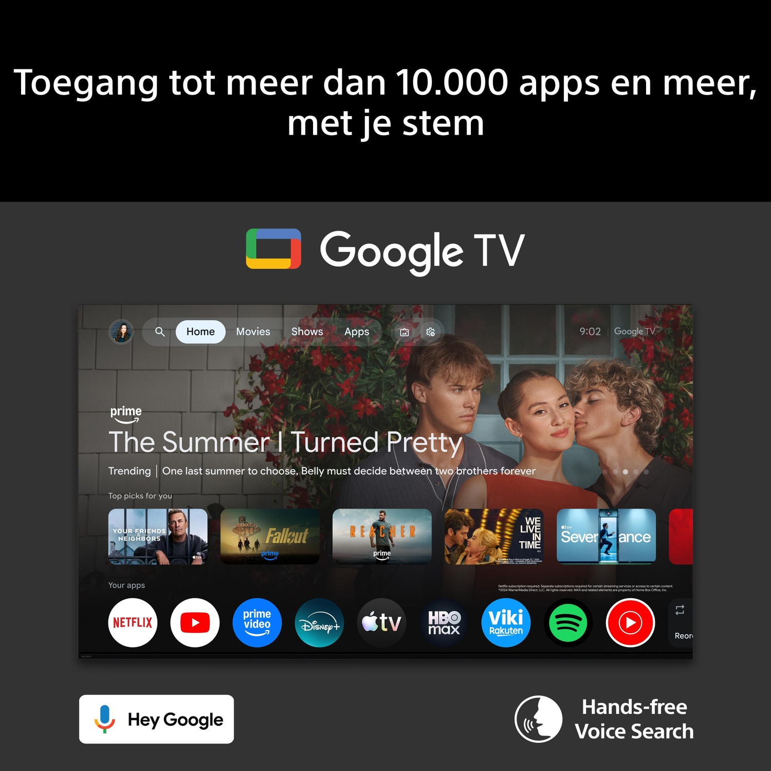 Interface Google TV avec applications, recherche vocale et affiche de série avec trois acteurs devant des fleurs rouges.