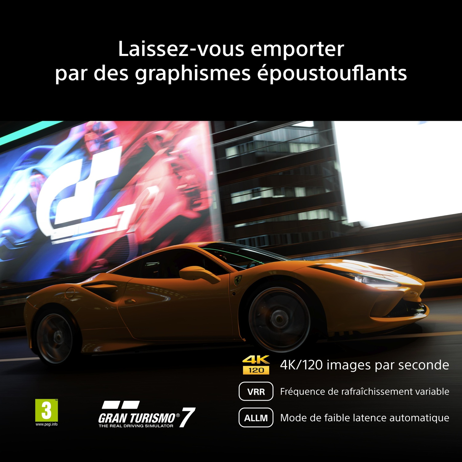 Une voiture de sport jaune roule devant un panneau lumineux, avec texte et logos.