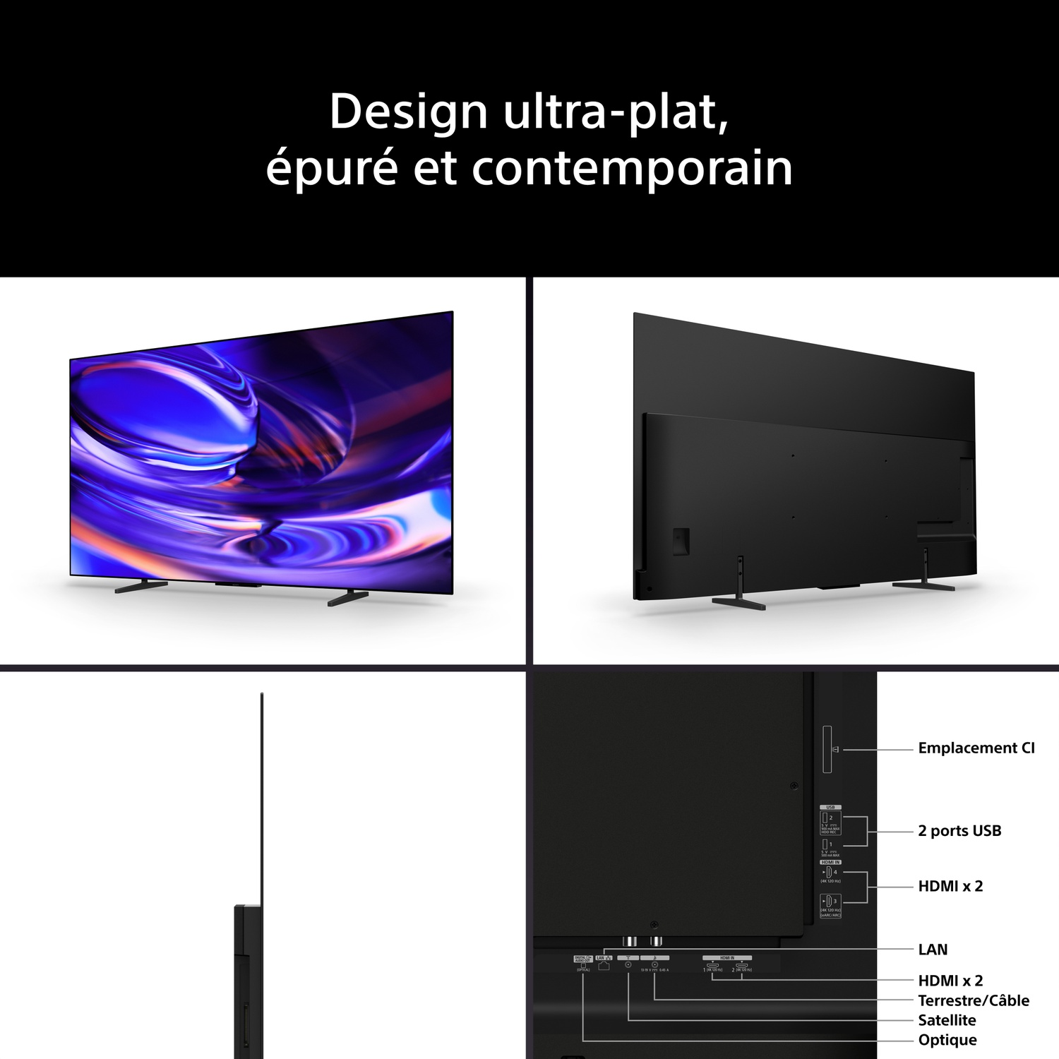 Quatre vues d'un téléviseur ultra-plat montrant l'avant, l'arrière, le profil et les ports avec le texte de présentation.