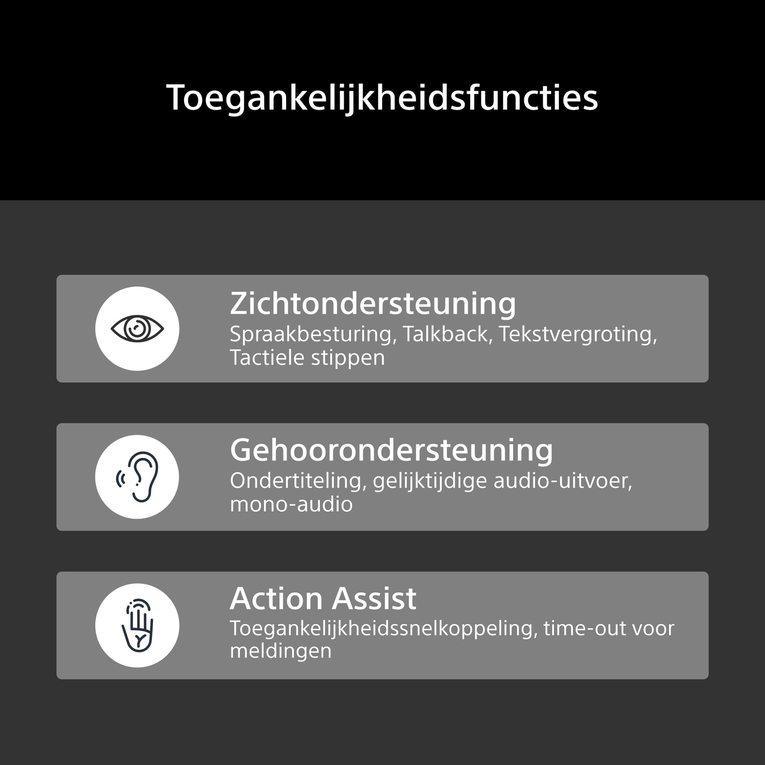 Menu d'accessibilité affichant les options pour la vision, l'audition et l'action.