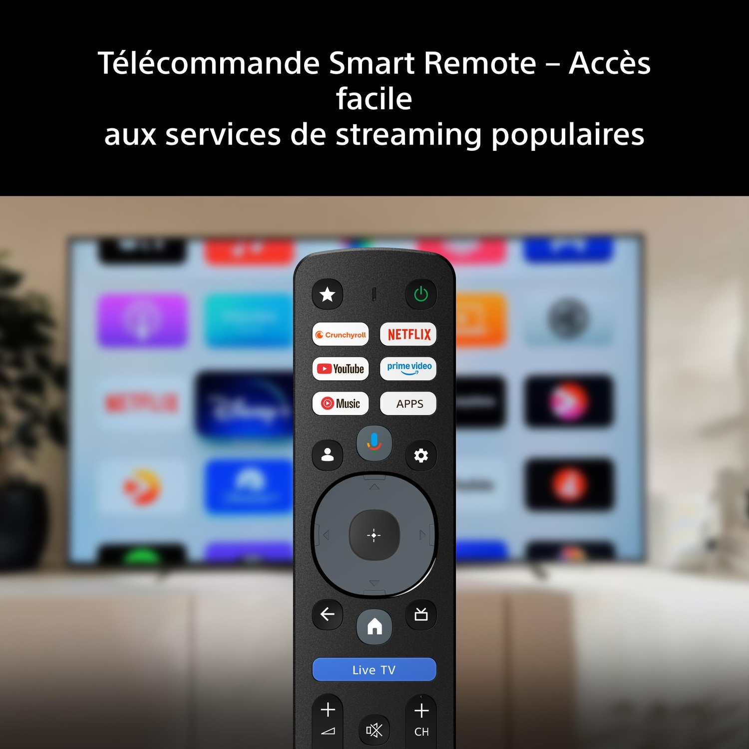 Télécommande intelligente noire avec boutons de streaming devant un téléviseur.