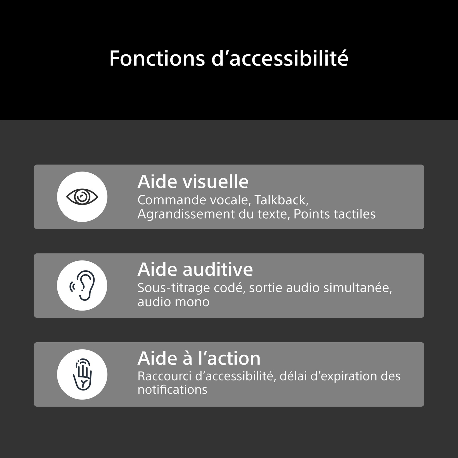 Menu d'accessibilité avec aides visuelles, auditives et d'action sur fond gris.