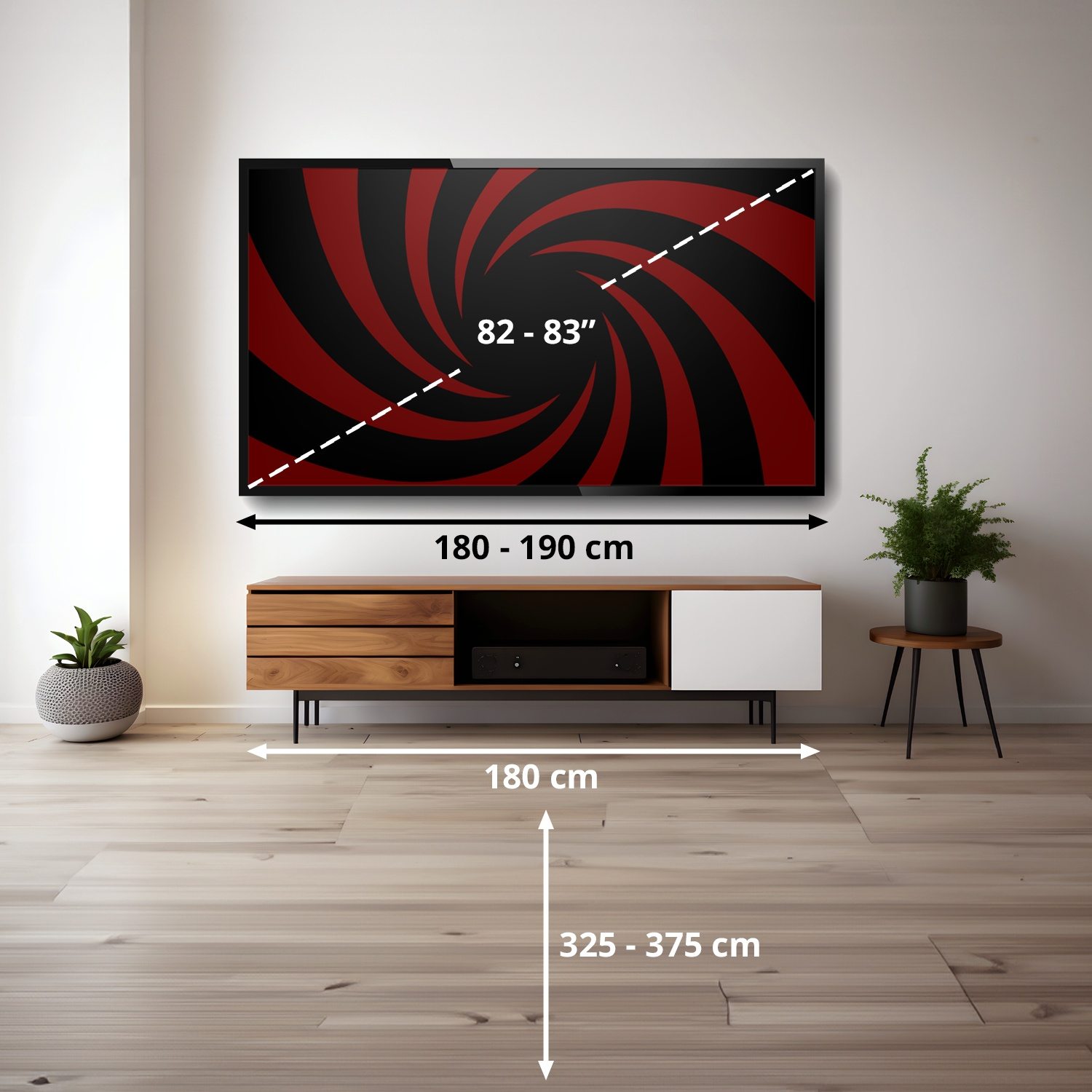 Salon avec une grande télé au mur et des superpositions de dimensions en cm et pouces.