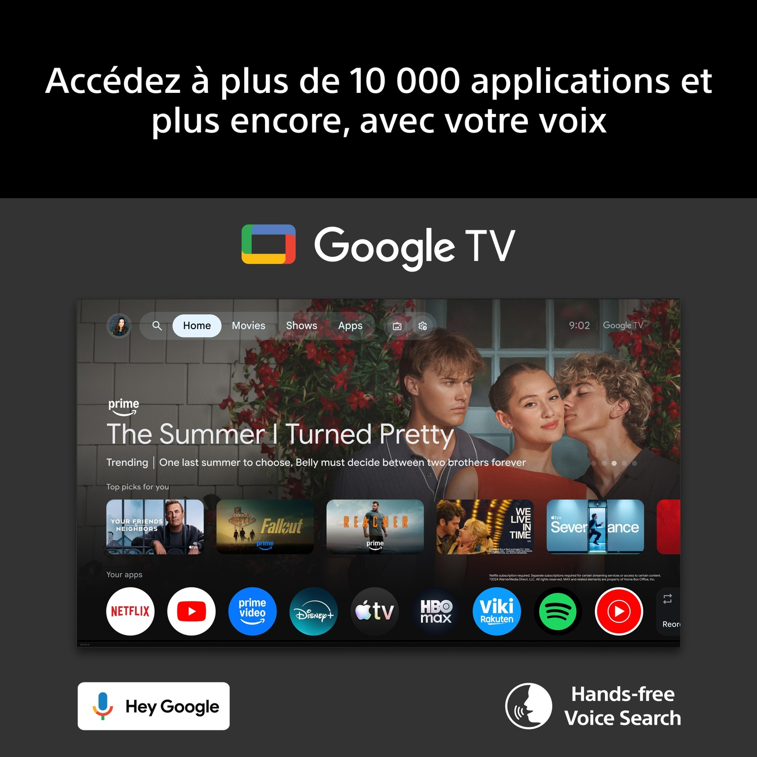 Interface Google TV avec l'écran d'accueil, les icônes d'applications et du texte sur les apps vocales.