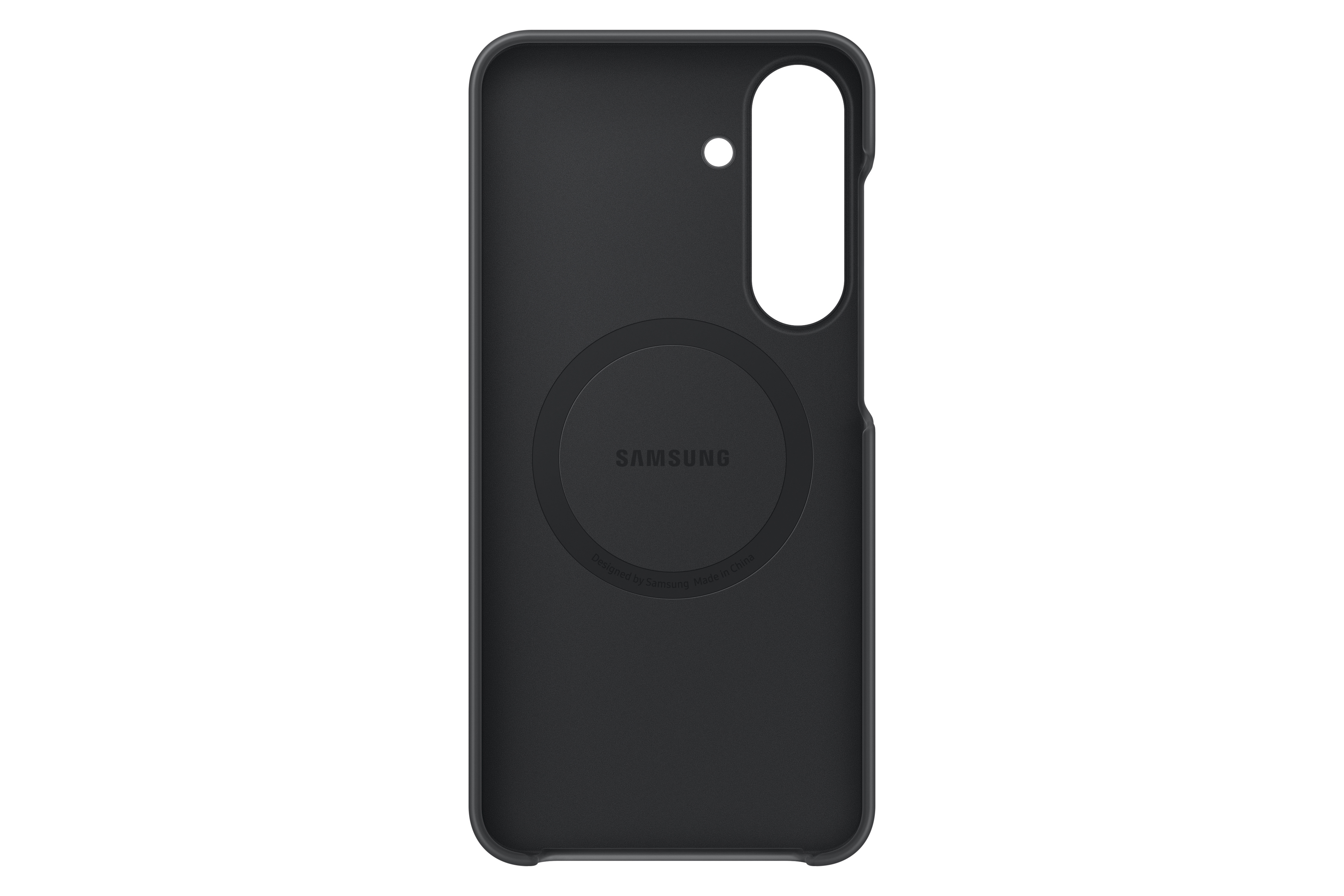 Eine schwarze Samsung-Handyhülle mit Kamera-Aussparungen und einem runden Ring auf der Rückseite.