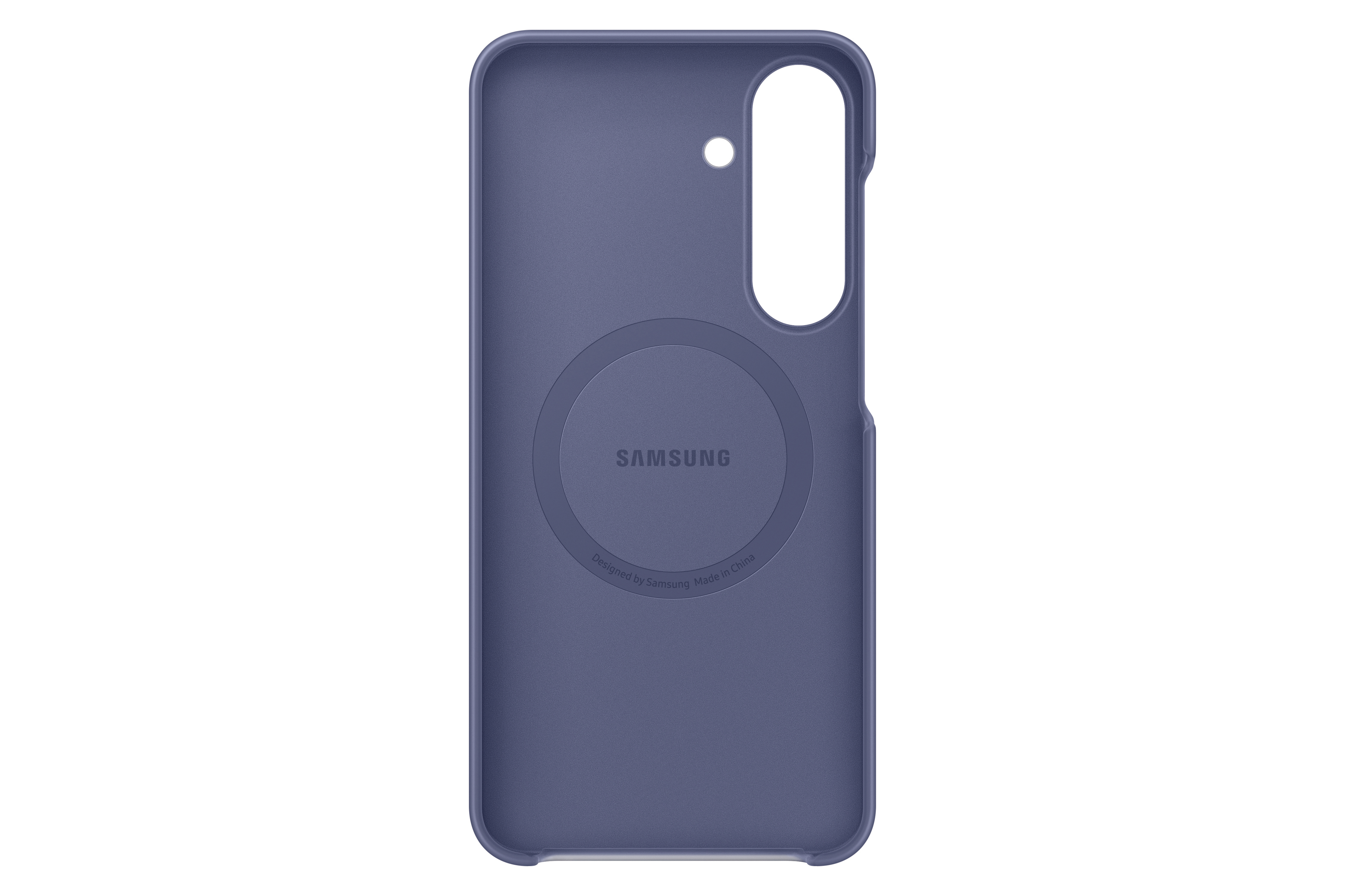 Eine graue Samsung-Handyhülle von innen, mit r anderem Logo und Kameraaussparungen auf weißem Hintergrund.