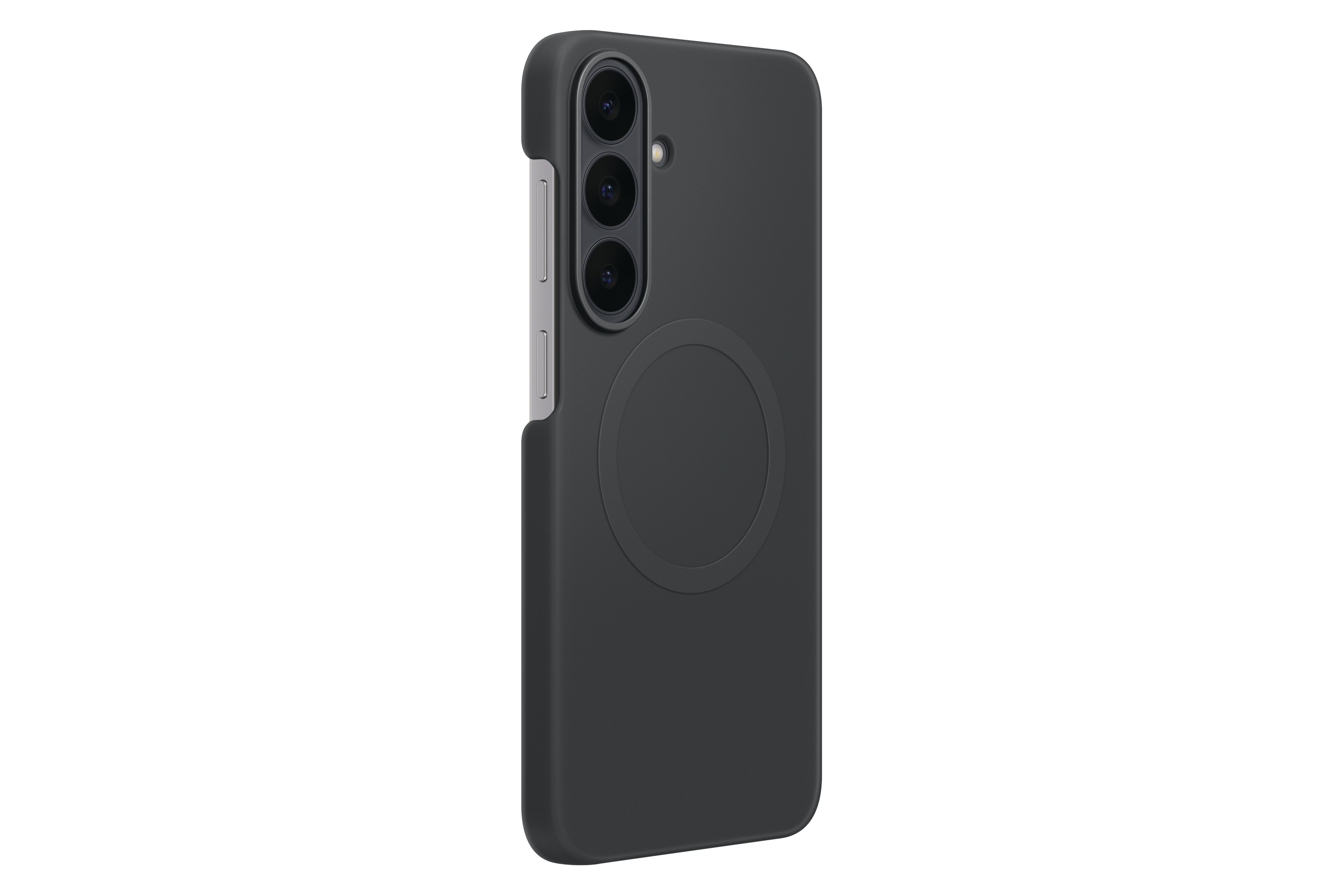 Eine schwarze Smartphone-Hülle mit einem kreisförmigen Magnetring auf der Rückseite und drei vertikalen Kameralinsen.