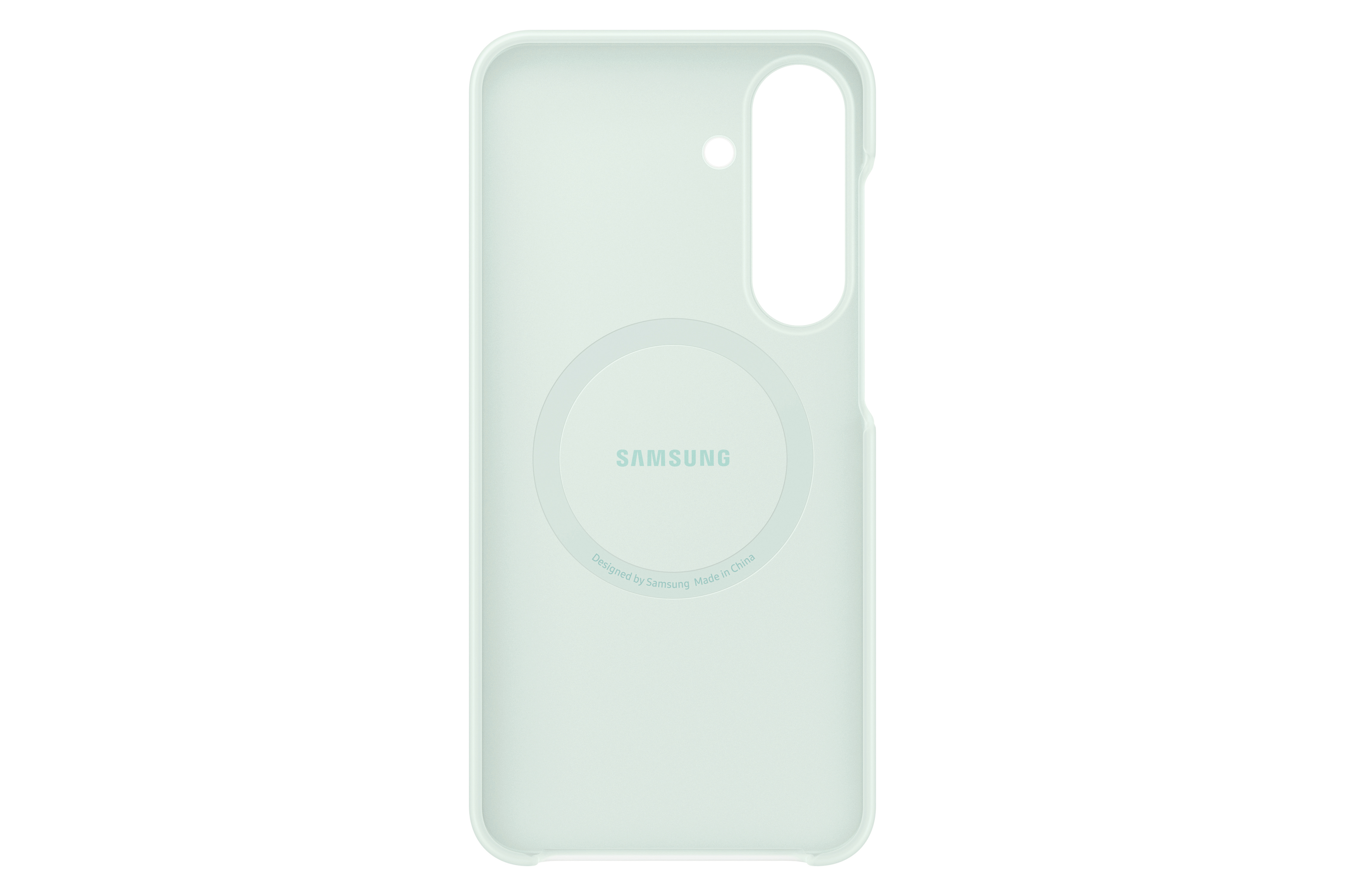 Ein hellgrünes Samsung-Smartphone-Case mit MagSafe-Ring und Kameraaussparung auf weißem Hintergrund.
