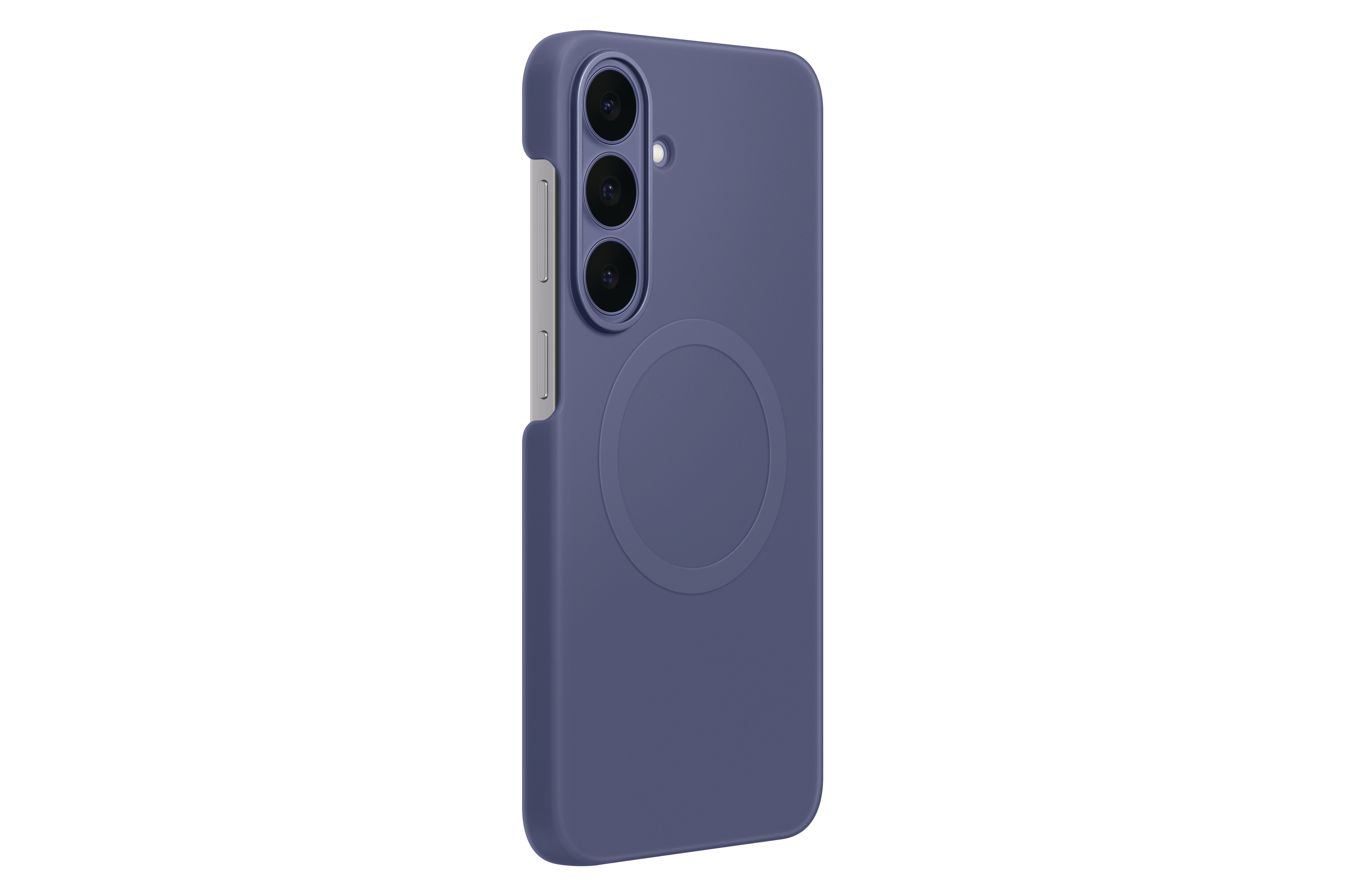 Rückseite eines blauen Smartphones in einer Schutzhülle mit drei vertikalen Kameras auf weißem Hintergrund.