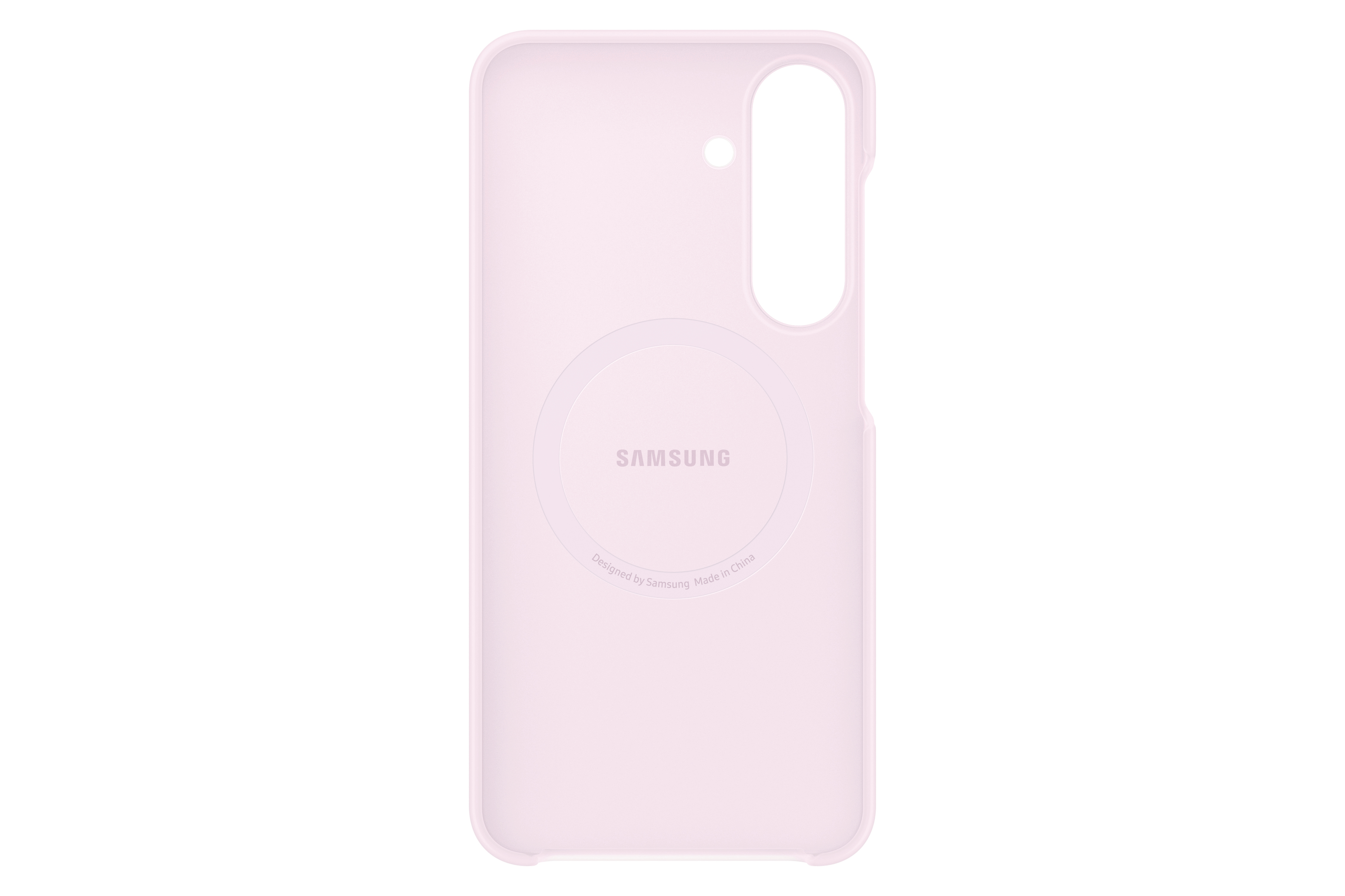 Eine hellrosa Handyhülle mit Samsung-Logo und kreisförmigem Magneten.