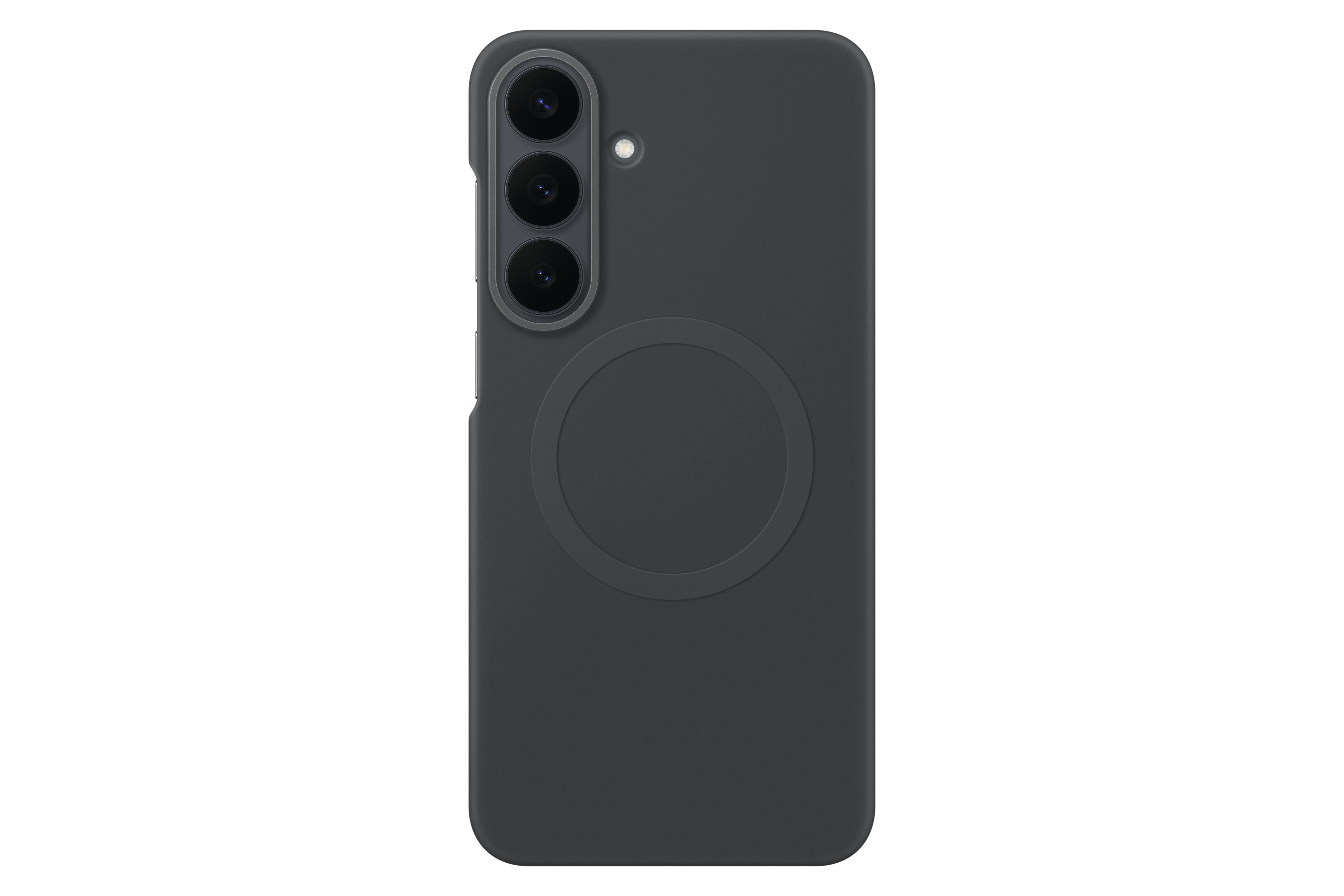 Rückseite einer dunkelgrauen Smartphone-Hülle mit drei Kameraöffnungen und einem runden Magnetring.