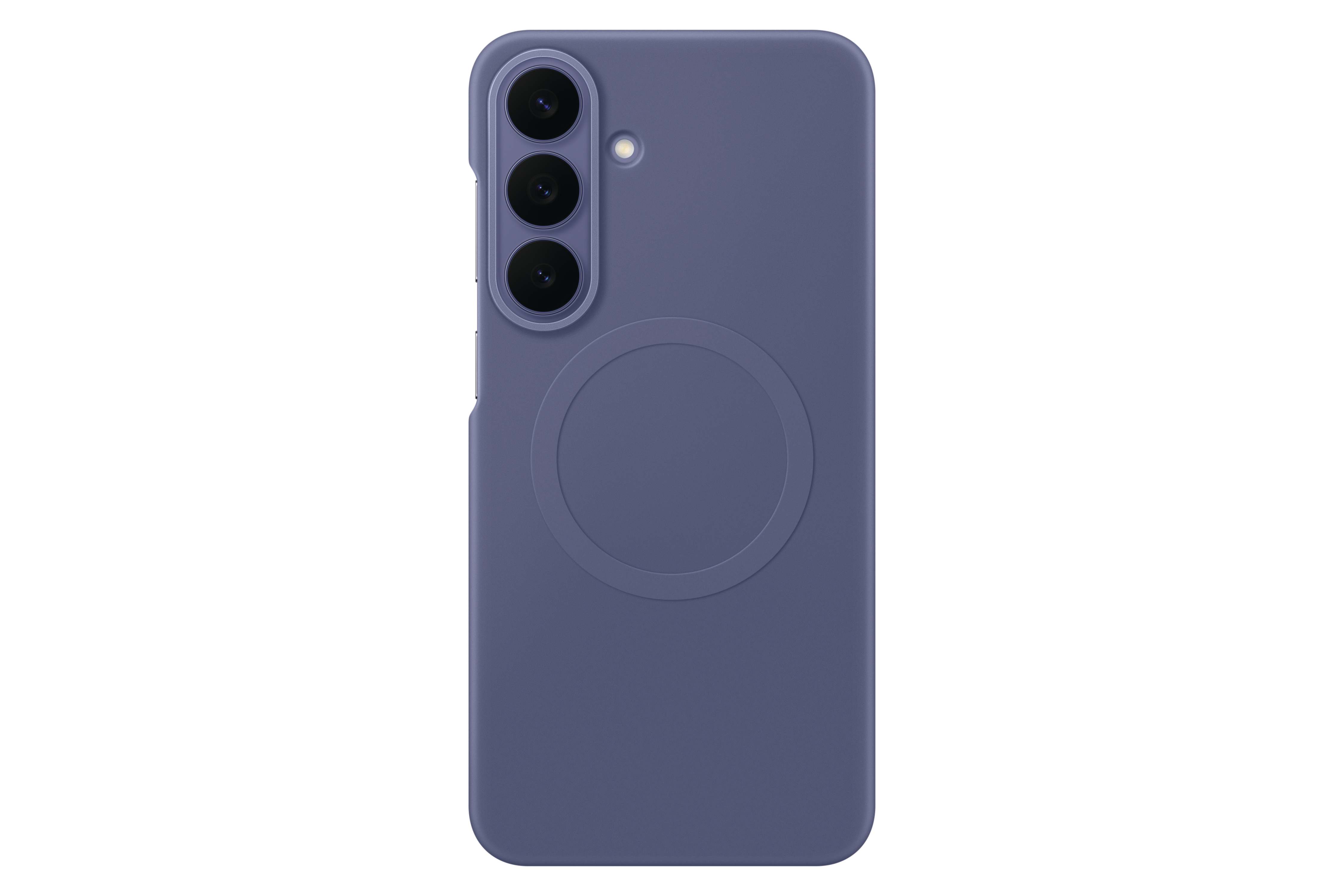 Rückseite eines violetten Smartphones in einer Schutzhülle mit drei Kameras und einem runden Magnetring.
