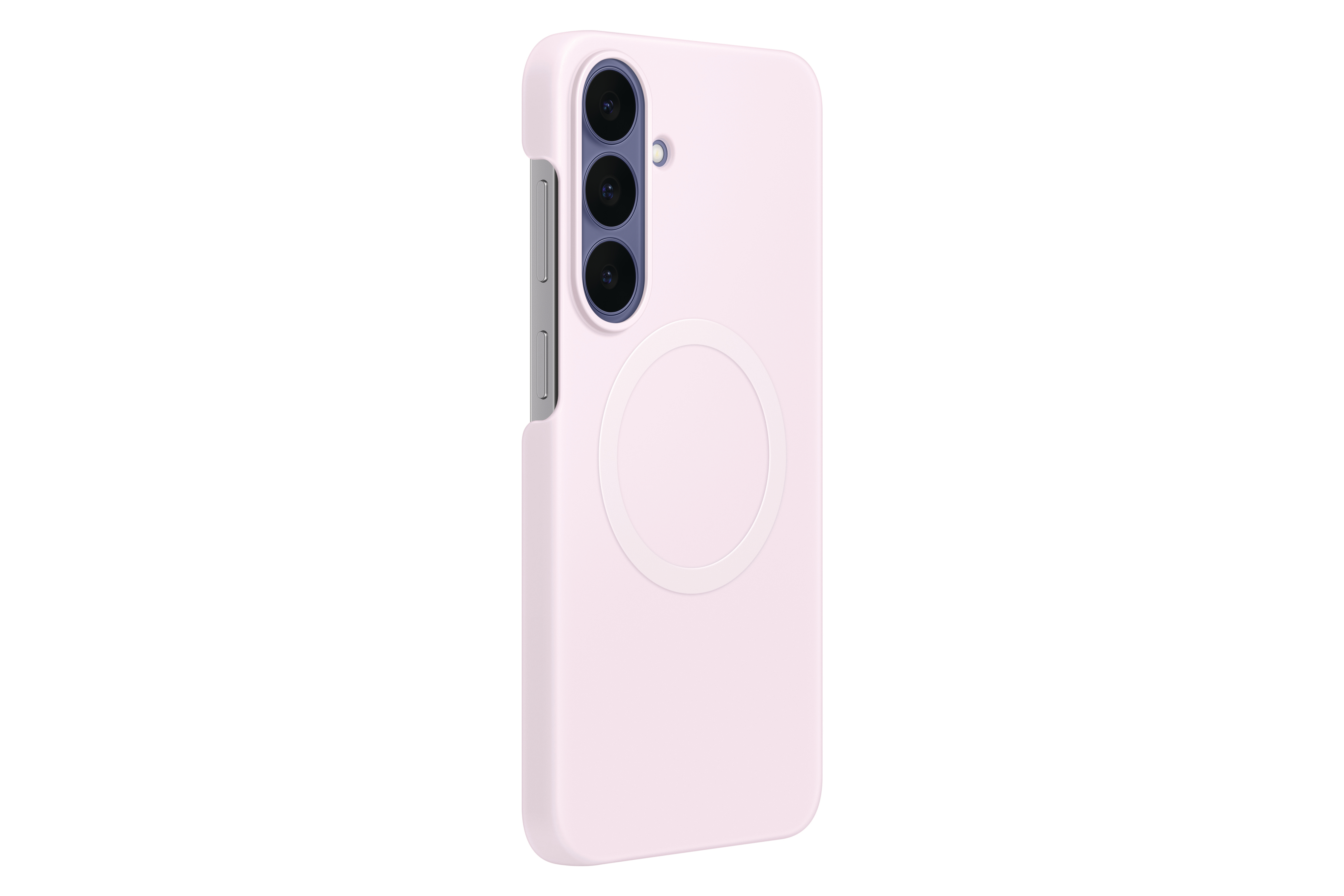Ein rosafarbenes Smartphone in einer Schutzhülle mit drei vertikalen Kameras auf der Rückseite und Knöpfen an der Seite.