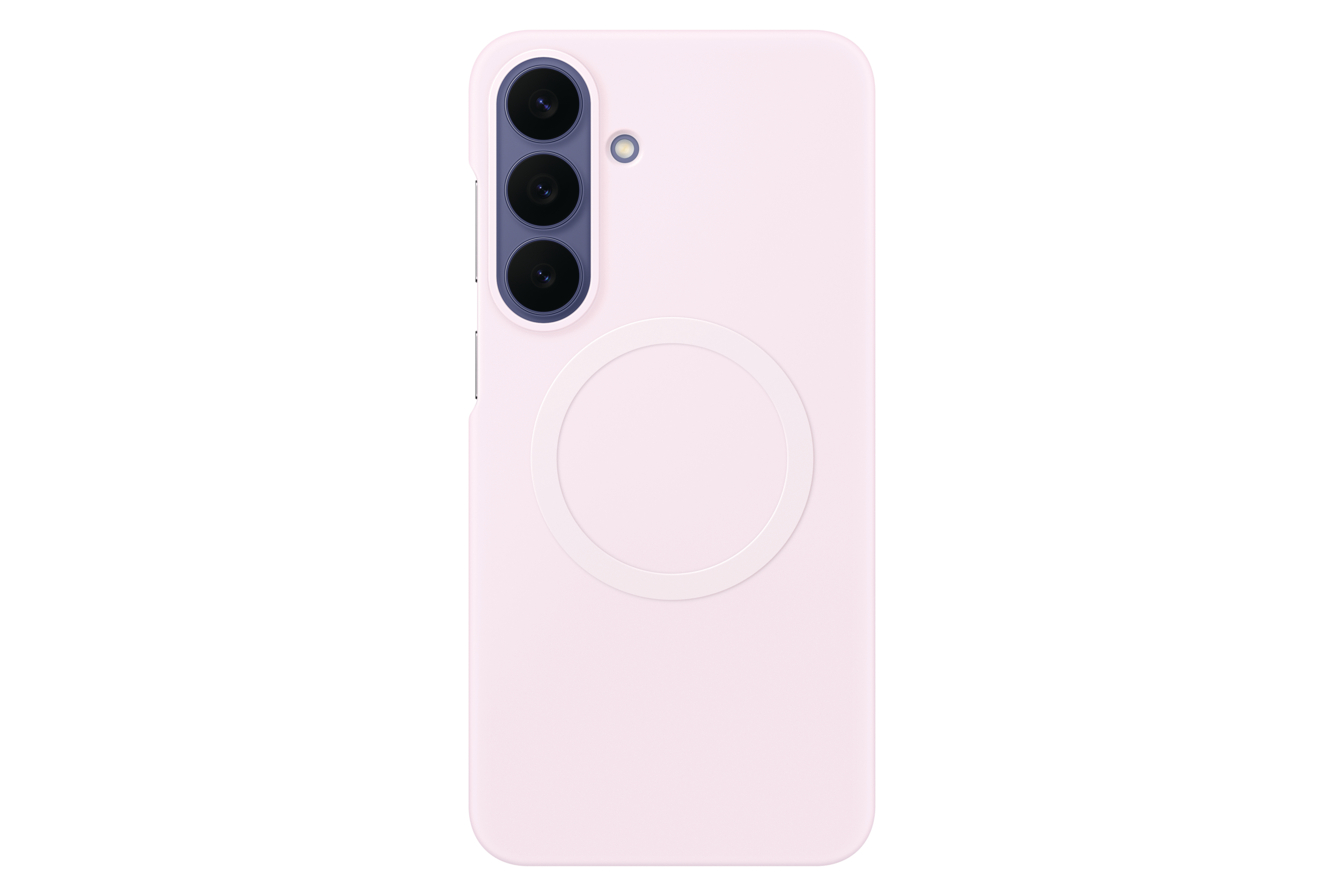Rückseite eines rosa Smartphones mit vertikaler Dreifachkamera und rundem MagSafe-Ring in der Mitte auf weißem Grund.