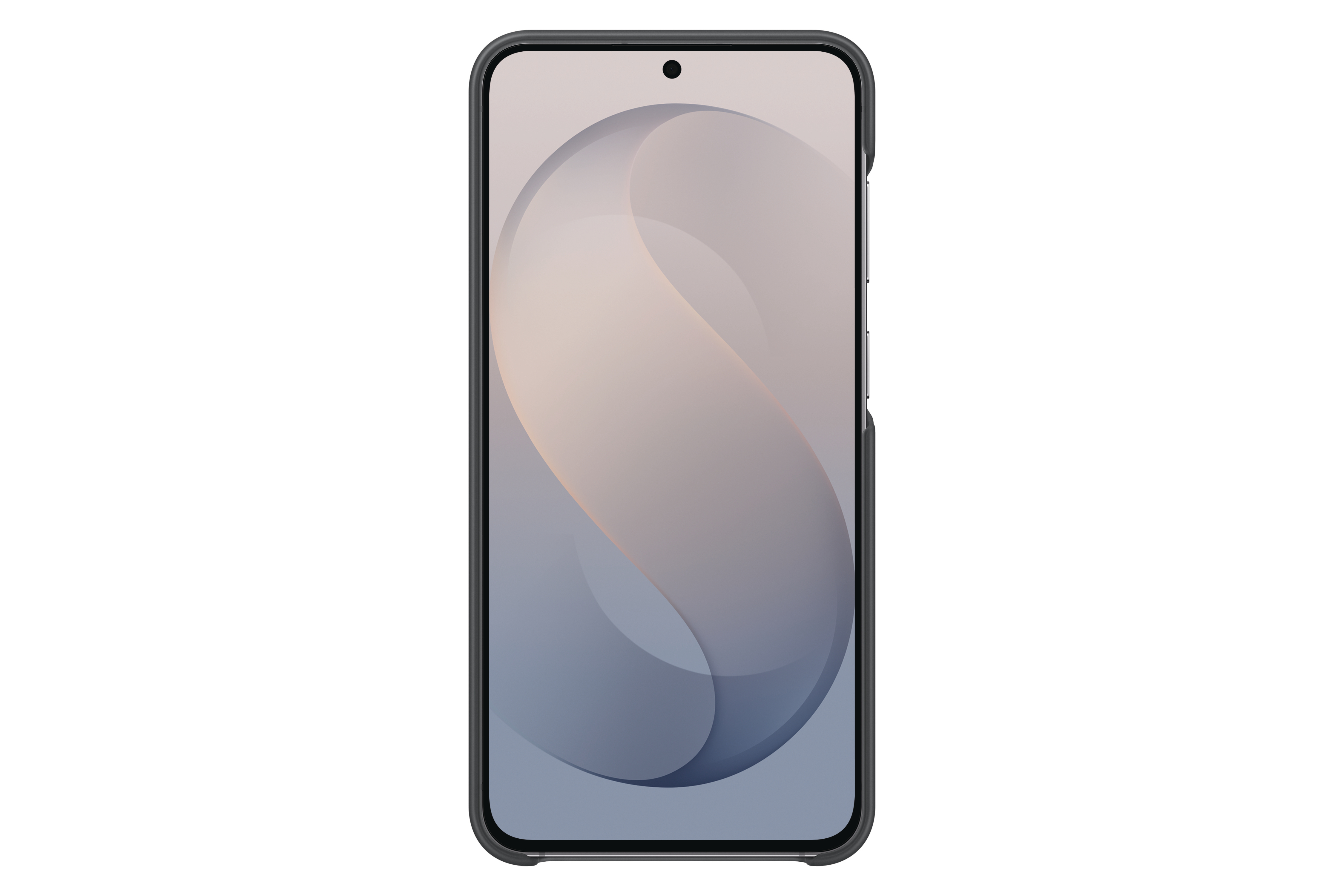 Ein Smartphone in einer dunklen Hülle zeigt ein abstraktes Wellenmuster auf dem Bildschirm vor weißem Hintergrund.